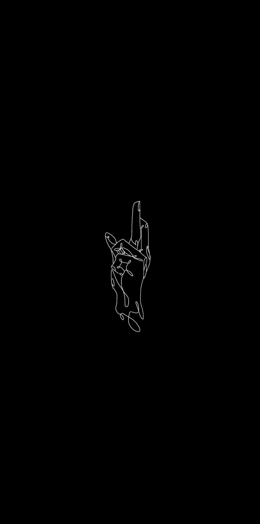 The image features a minimalist, abstract line art representation of a hand performing a specific gesture, likely the 'Domain Expansion' hand sign from Jujutsu Kaisen. The subject is rendered using a single, continuous white line that creates a complex, tangled aesthetic against a solid black background. The pose shows the index and middle fingers crossed, a signature stance associated with the character Satoru Gojo. The artistic technique utilizes high-contrast monochrome and a 'scribble' or 'one-line' drawing style to create a sense of movement and energy. The overall atmosphere is mysterious, cool, and modern, focusing entirely on the symbolic power of the gesture. The composition is centered and vertical, making it ideal for a mobile wallpaper.