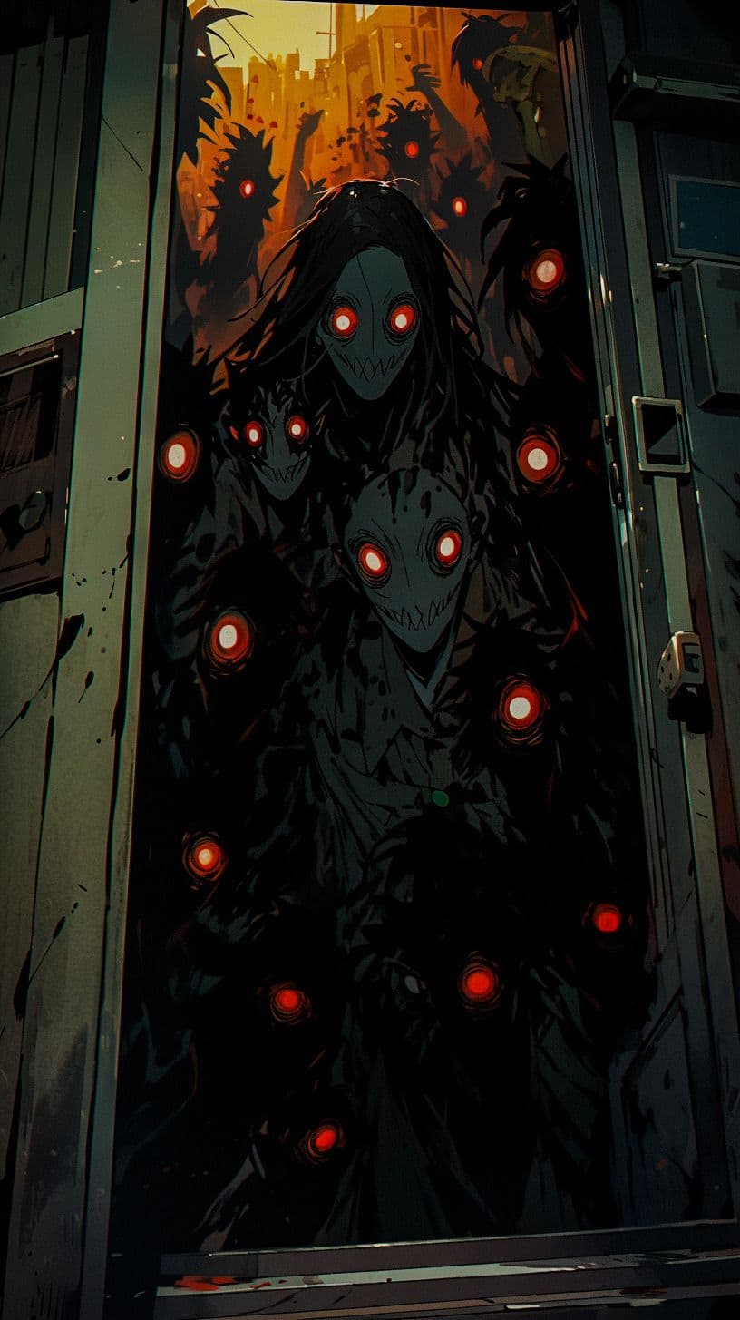 A menacing, shadowy figure with elongated limbs and multiple glowing red eyes emerges from a cracked, industrial doorway, its face obscured by a skeletal grin. The figure is draped in tattered, dark fabric that conceals all bodily features, with additional glowing orbs scattered across its form. Behind it, a crowd of similar entities with red eyes looms in a fiery, apocalyptic urban skyline. The scene is rendered in a dark, atmospheric style with stark contrast between the glowing red eyes and the oppressive blackness of the figure. The composition is framed by the doorway, emphasizing the horror and scale of the emergence, while the lighting is dramatic, with a warm, orange glow emanating from the background cityscape. The overall mood is ominous and foreboding, evoking dread and supernatural terror through its visual design and composition.