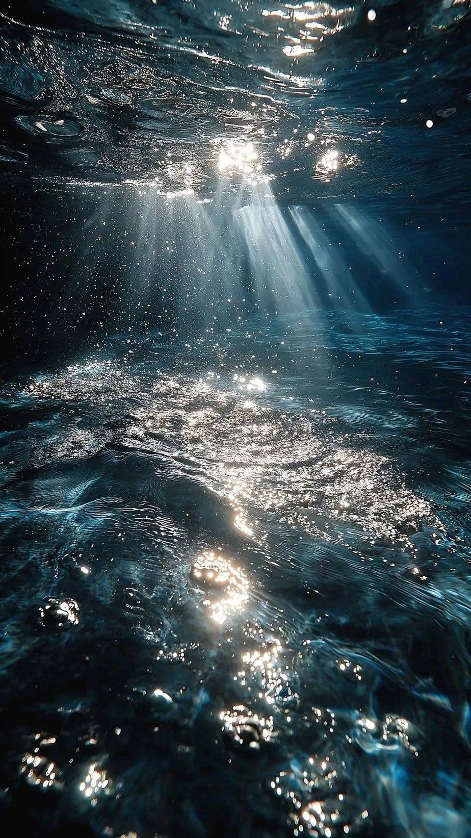 This image captures an underwater scene where beams of sunlight penetrate the ocean surface, creating dramatic, radiant shafts of light that descend into the deep blue water. The water's surface is textured with gentle ripples and scattered bubbles, reflecting the sunlight in shimmering, sparkling patterns. The composition emphasizes the interplay of light and shadow, with the dark, mysterious depths contrasting against the bright, ethereal rays. The artistic rendering uses realistic water dynamics and photorealistic lighting to evoke a sense of tranquility and awe. The overall atmosphere is serene and immersive, inviting contemplation of nature's quiet beauty beneath the waves.