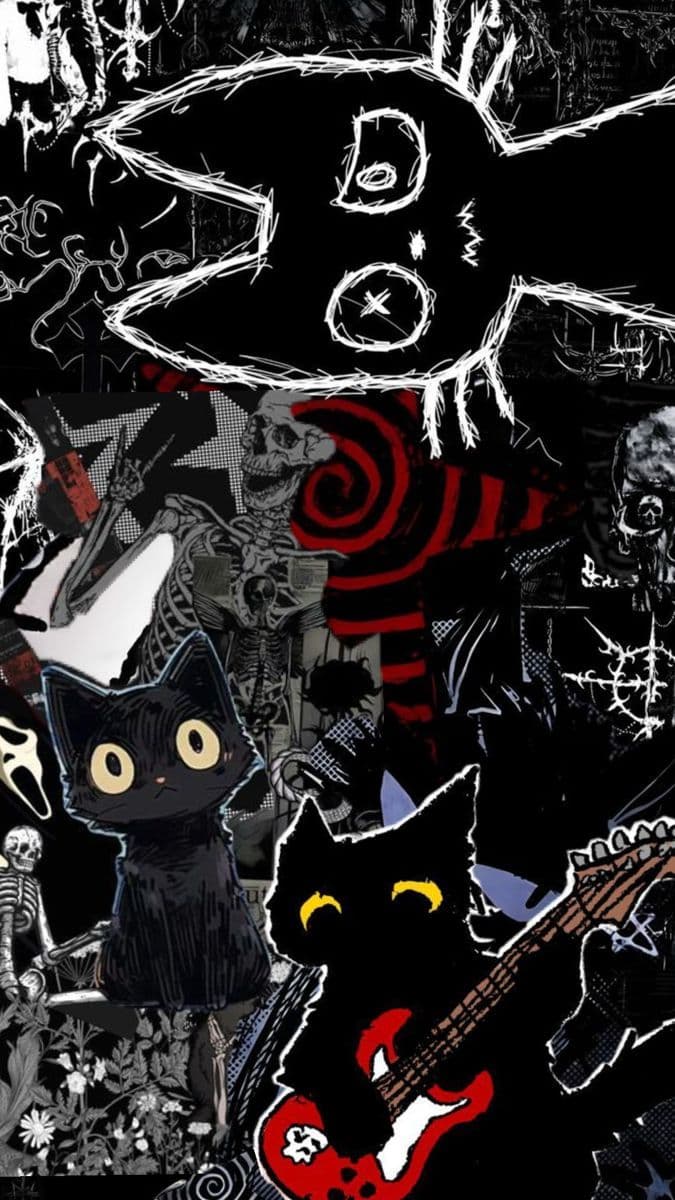The image features two stylized black cats as central figures, one sitting calmly with large yellow eyes and the other playing a red electric guitar with a joyful expression. The background is a chaotic collage of dark, sketchy elements including skeletons, skulls, red spiral patterns, and abstract graffiti-like markings, creating a high-contrast, edgy aesthetic. The art employs a heavily outlined, comic-book style with sharp linework and a predominantly black-and-white palette accented by red highlights. The overall mood is energetic and rebellious, blending cartoonish innocence with dark, punk-inspired visual chaos. The composition is layered and dense, suggesting a collage of different artistic influences rather than a single narrative scene.