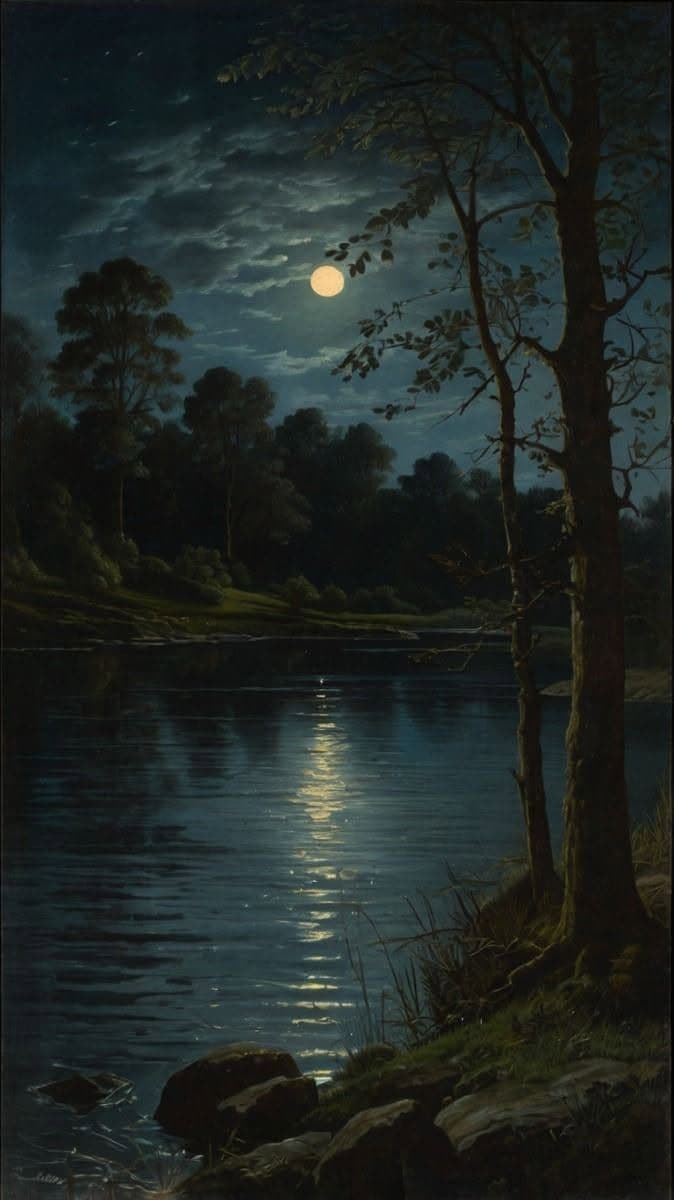 This image depicts a serene nocturnal landscape under a full moon, with a calm body of water reflecting the celestial glow. Silhouetted trees and rocky shores frame the composition, creating a sense of quiet solitude. The moonlight casts gentle highlights on the water's surface, contrasting with the deep blues and purples of the night sky and dense forest. The painting employs realistic brushwork and atmospheric perspective to evoke a tranquil, almost meditative mood. The overall scene is devoid of human presence, emphasizing nature's peaceful dominance over the viewer's senses.