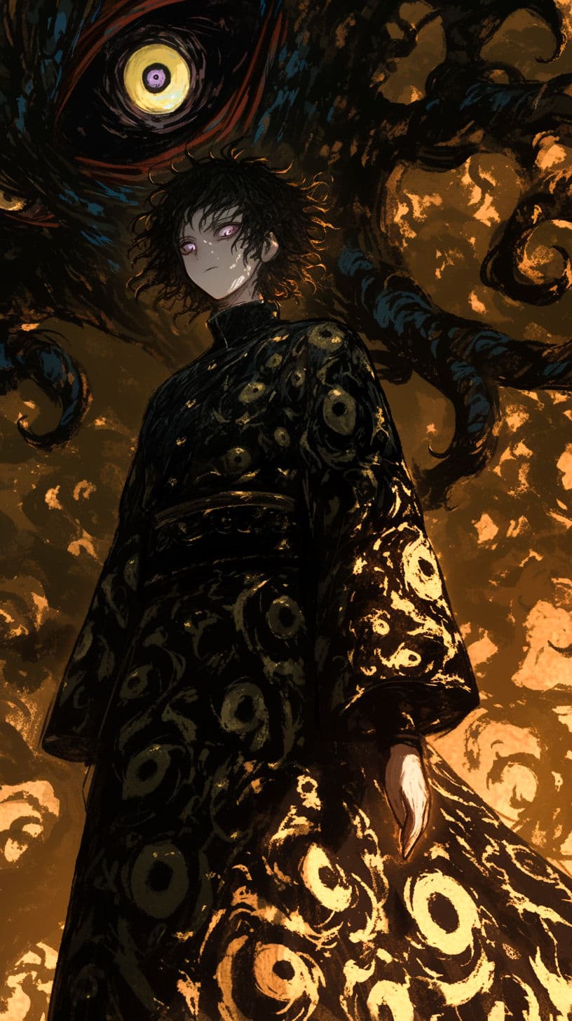 The central figure is a young character with dark, curly hair and pale skin, wearing a long, flowing black robe adorned with intricate golden circular patterns resembling eyes. The character stands with a composed, slightly solemn posture, facing forward with a neutral expression. Behind them looms a massive, surreal entity composed of swirling dark tendrils and a single glowing yellow eye, set against a fiery orange and black background. The artwork employs dramatic chiaroscuro lighting, emphasizing the contrast between the dark robe and the luminous patterns. The overall atmosphere is mysterious and ominous, evoking themes of power, isolation, and the supernatural. The composition is symmetrical, with the character as the focal point, surrounded by the looming, organic horror.