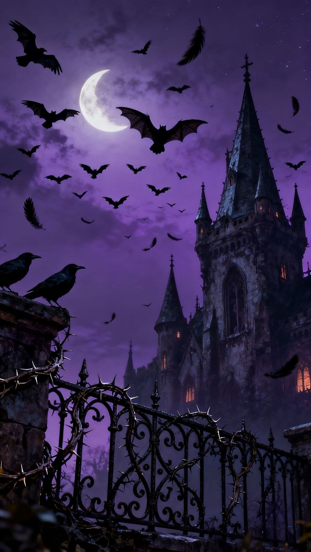 The image depicts a hauntingly beautiful gothic castle under a twilight sky, its spires and arched windows glowing faintly with warm interior light against the deep purple atmosphere. Silhouettes of numerous bats and crows fill the sky, enhancing the eerie, mysterious ambiance. In the foreground, a wrought-iron gate entwined with thorny vines adds to the ominous, medieval aesthetic. The scene is rendered with dramatic lighting, emphasizing texture and depth, creating a sense of foreboding and timeless grandeur. The overall mood is atmospheric and suspenseful, evoking themes of mystery and the supernatural without any human figures or suggestive elements.