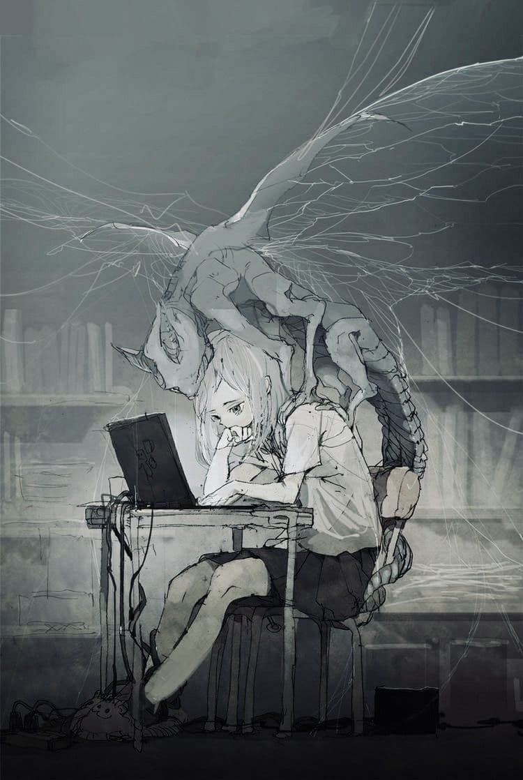 A young girl with long, pale hair sits at a cluttered desk, her expression one of quiet distress as she stares at an open laptop. Behind her, a large, winged, dragon-like creature with sharp horns and a serpentine tail looms, its form partially obscured by tangled wires and ethereal, web-like lines that radiate outward. The setting appears to be a dimly lit, cluttered room with bookshelves in the background, suggesting a personal study or library space. The artwork employs a monochromatic, sketchy style with expressive linework and soft shading, creating a haunting, introspective atmosphere. The overall mood is melancholic and surreal, evoking themes of inner turmoil or digital isolation, with the girl’s posture and the creature’s presence suggesting a psychological or metaphysical conflict.