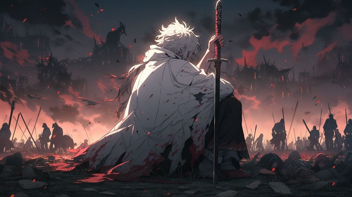 The main subject is a figure with stark white hair and a long flowing white cloak stained with blood, seated on the ground in a battlefield setting. They hold a tall sword vertically beside them, facing away from the viewer toward an army of silhouetted soldiers under a dramatic sky filled with dark clouds and crimson hues. The environment depicts a chaotic conflict zone with debris scattered across the ground and distant structures barely visible through the stormy atmosphere. Artistic techniques include sharp line work typical of modern digital art, cel-shaded shading that emphasizes contrast between the luminous white robe and the ominous surroundings, and strategic lighting from front and back to create depth and highlight the character’s solitary presence. The overall mood is epic yet melancholic, conveying a sense of solemnity amid the chaos of battle.