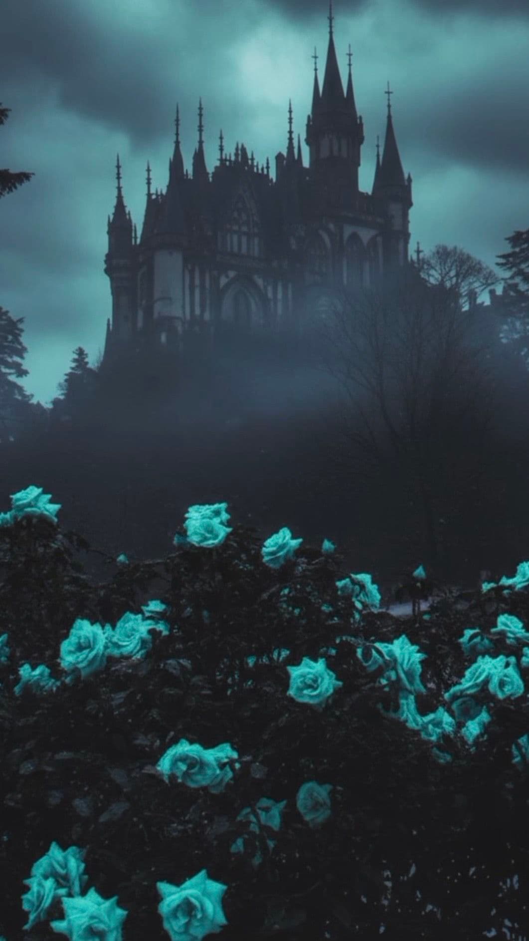The image presents a hauntingly beautiful gothic castle perched atop a mist-covered hill, its silhouette defined by numerous spires and arched windows against a brooding, overcast sky. In the foreground, a dense thicket of roses with luminous teal petals contrasts sharply with the dark, shadowy foliage, creating a surreal, dreamlike atmosphere. The scene is rendered in a moody, atmospheric style with deep shadows and a cool color palette, evoking a sense of mystery and melancholy. The composition balances the imposing architecture with the delicate floral foreground, suggesting themes of beauty juxtaposed with decay or isolation. The overall tone is somber and contemplative, enhanced by the diffuse, frontal lighting and the heavy, fog-laden environment.