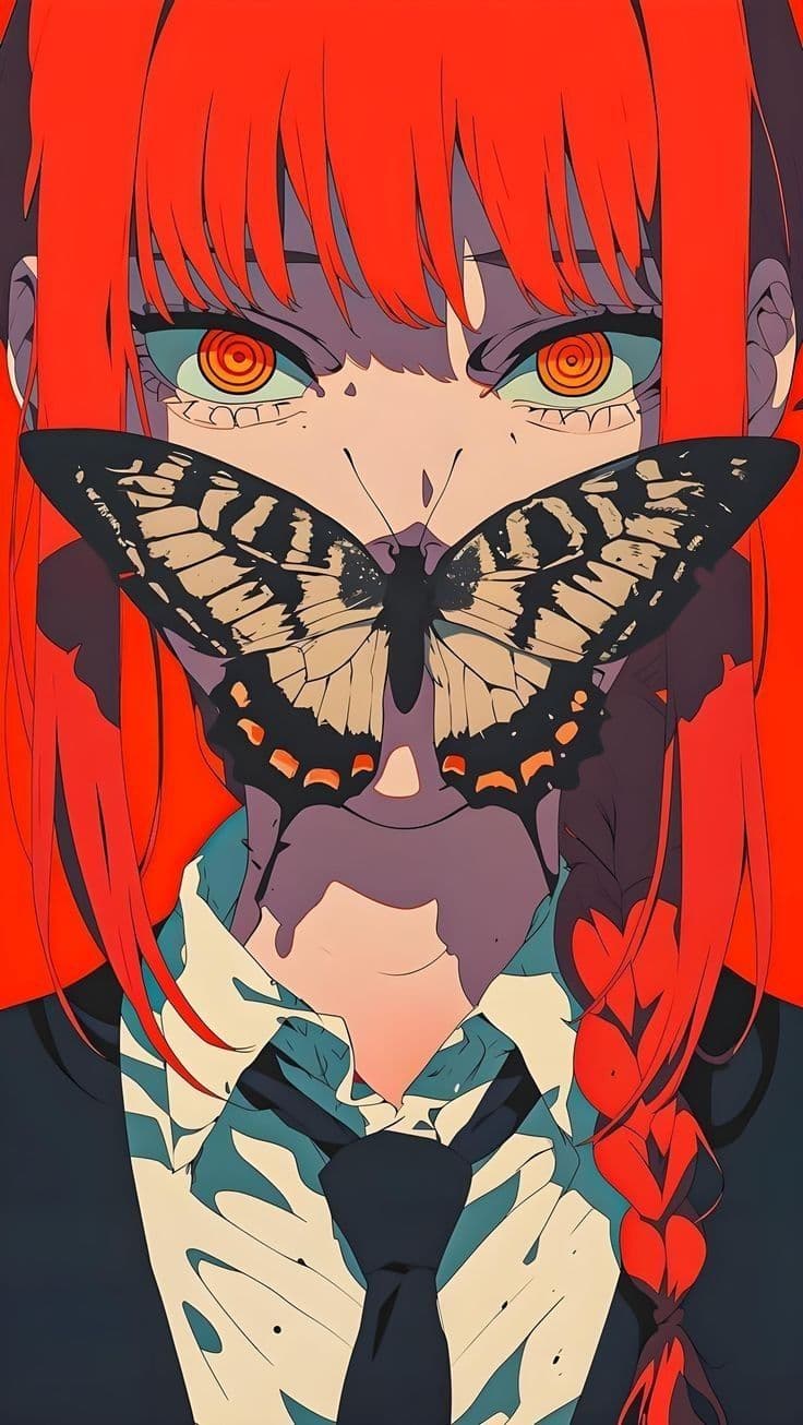 The image features a stylized anime character with vibrant red hair and striking orange eyes, depicted in a medium close-up portrait. A large, detailed butterfly is positioned centrally over the character's mouth, creating a symbolic or surreal focal point. The character wears a patterned collared shirt with a dark tie, suggesting a formal or school uniform, fully covering the torso and limbs. The background is a solid, saturated red, enhancing the character's vivid hair and creating a bold visual contrast. The art employs sharp linework and cel-shaded shading, emphasizing the character's facial features and the intricate wing patterns of the butterfly. The overall mood is mysterious and slightly melancholic, with the butterfly adding an element of transformation or fragility to the otherwise composed portrait.