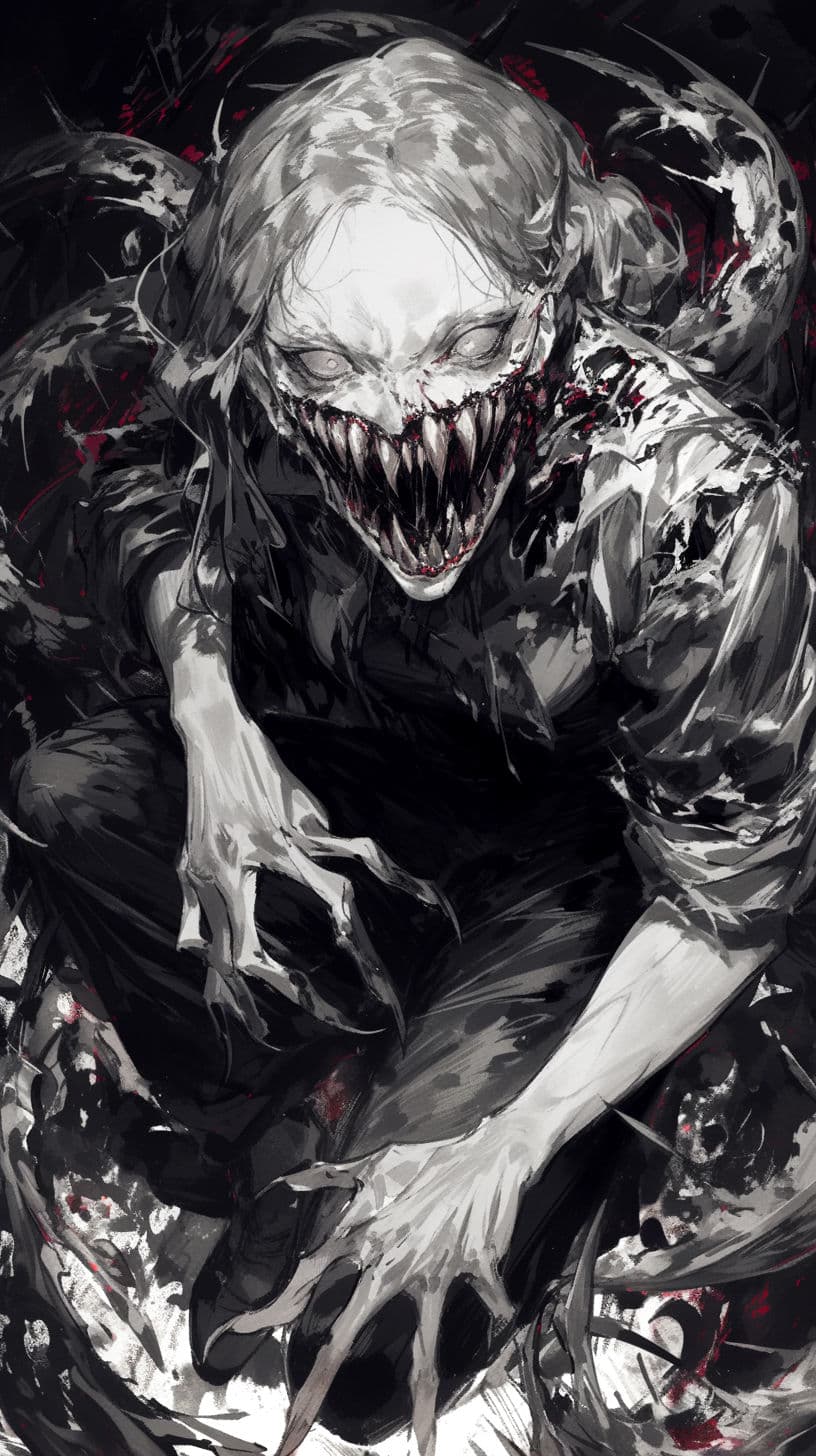 The image depicts a grotesque, monstrous humanoid figure with a skeletal, decaying face and razor-sharp teeth, crouching aggressively in a dark, chaotic environment. Its body is covered in tattered, dark fabric that appears to be torn and stained with blood, while its limbs are elongated and clawed, suggesting a predatory or supernatural nature. The creature's expression is menacing, with glowing eyes and an open maw, conveying a sense of imminent threat. The background is filled with abstract, splattered textures and dark, swirling forms, enhancing the horror atmosphere. The artwork employs dramatic chiaroscuro lighting and expressive brushstrokes to emphasize the creature's terrifying presence and the overall sense of dread and violence.