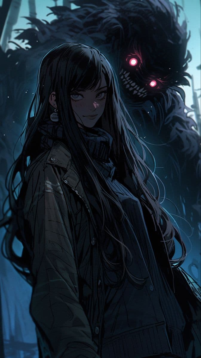 The image features a young female character with long, dark hair and a calm, slightly amused expression, dressed in a thick, buttoned jacket and scarf, suggesting a cold environment. Behind her looms a menacing, shadowy creature with glowing red eyes and sharp teeth, creating a stark contrast between her composed demeanor and the lurking threat. The scene is set in a dimly lit, forest-like environment with blurred trees and a cool, blue-toned atmosphere, enhancing the sense of suspense. The artwork employs detailed linework and cel-shaded shading to define form and texture, with careful attention to volumetric lighting and depth. The overall mood is tense yet controlled, blending horror elements with a quiet, almost serene protagonist, evoking a sense of quiet courage against looming danger.
