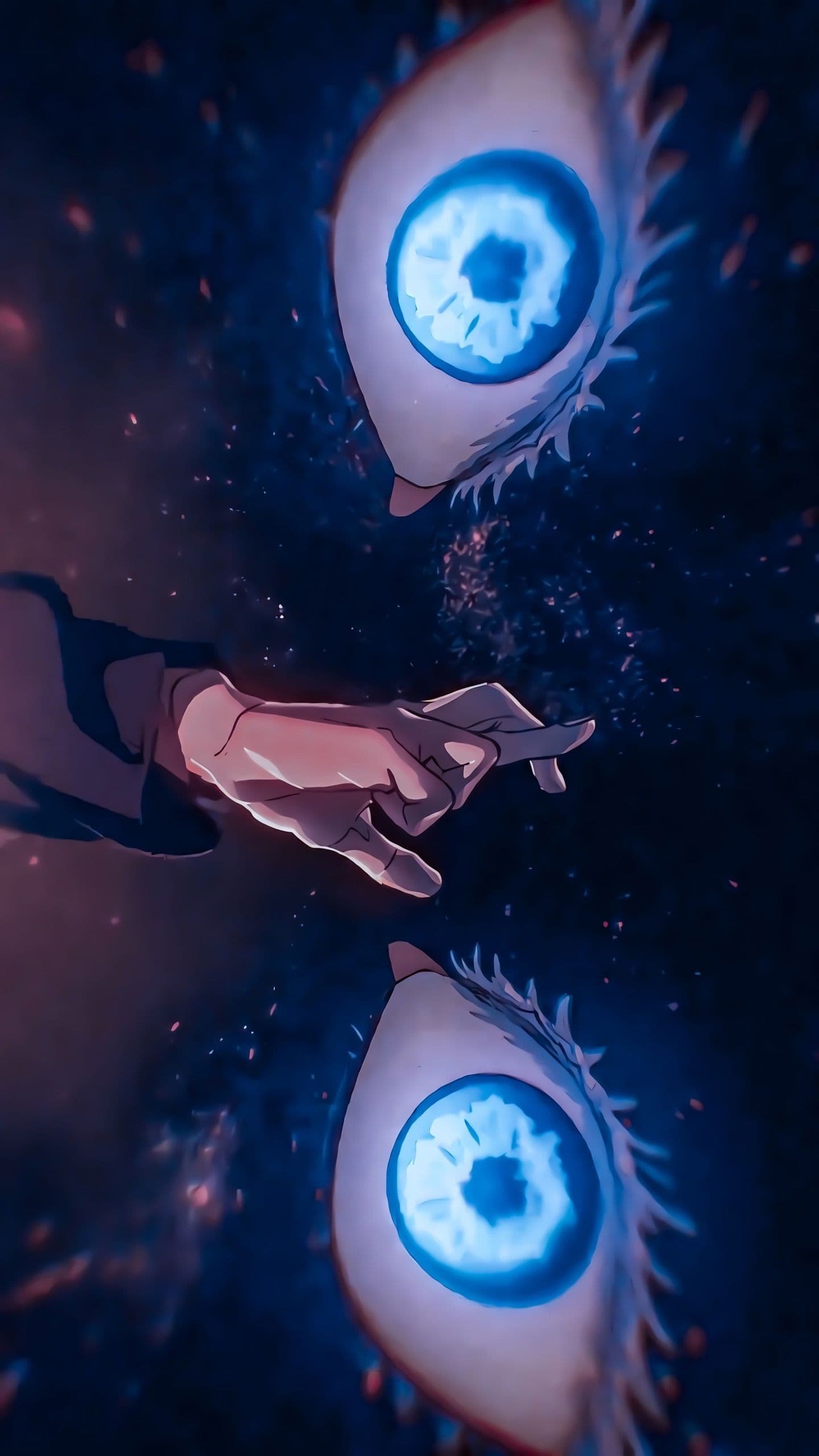 This striking vertical composition features a close-up of a hand reaching toward the center, framed by two large, glowing blue eyes at the top and bottom. The hand appears to belong to a character wearing a dark, long-sleeved garment, with only the pale skin of the hand and wrist visible. The eyes are highly detailed, featuring luminous blue irises that resemble cosmic nebulae or crystalline structures, surrounded by sharp, white eyelashes. The background is a deep, dark void filled with subtle particle effects and soft bokeh, suggesting a space-like or metaphysical environment. The artistic technique utilizes high-contrast lighting and sharp digital lines to create a surreal, supernatural aesthetic. The overall atmosphere is mysterious, intense, and ethereal, evoking a sense of divine power or a pivotal moment of awakening.