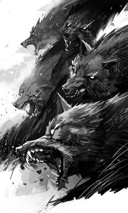 The image features a dynamic, layered composition of multiple wolf heads in aggressive, roaring poses, rendered in high-contrast black and white. Each wolf exhibits detailed fur texture and sharp, expressive eyes, conveying a sense of primal ferocity and unity. The artwork uses dramatic brushstrokes and ink-like textures to create depth and motion, with the foreground wolf appearing most prominent and detailed. The background is abstract and smoky, enhancing the intensity of the scene without distracting from the central figures. The overall mood is intense and primal, evoking themes of wildness, power, and collective strength through the unified, overlapping forms of the wolves.