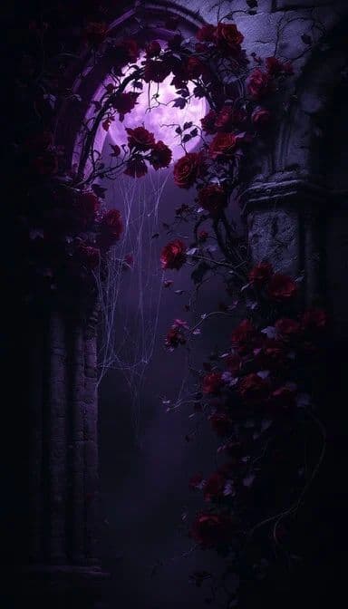 The image depicts a hauntingly beautiful gothic archway, its stone structure draped in dense, vibrant red roses that cascade down its sides, creating a natural frame for the scene. Through the arch, a luminous, ethereal purple moon glows softly, casting a mystical, cool-toned light that permeates the misty, atmospheric space. The archway is flanked by gnarled, ancient vines and delicate spiderwebs, enhancing the sense of timelessness and decay. The overall composition evokes a romantic, melancholic mood, blending natural beauty with architectural grandeur in a dreamlike, slightly eerie setting. The art employs rich, saturated colors and dramatic lighting to create depth and emotional resonance, with a focus on texture and contrast between the organic roses and the rigid stone.