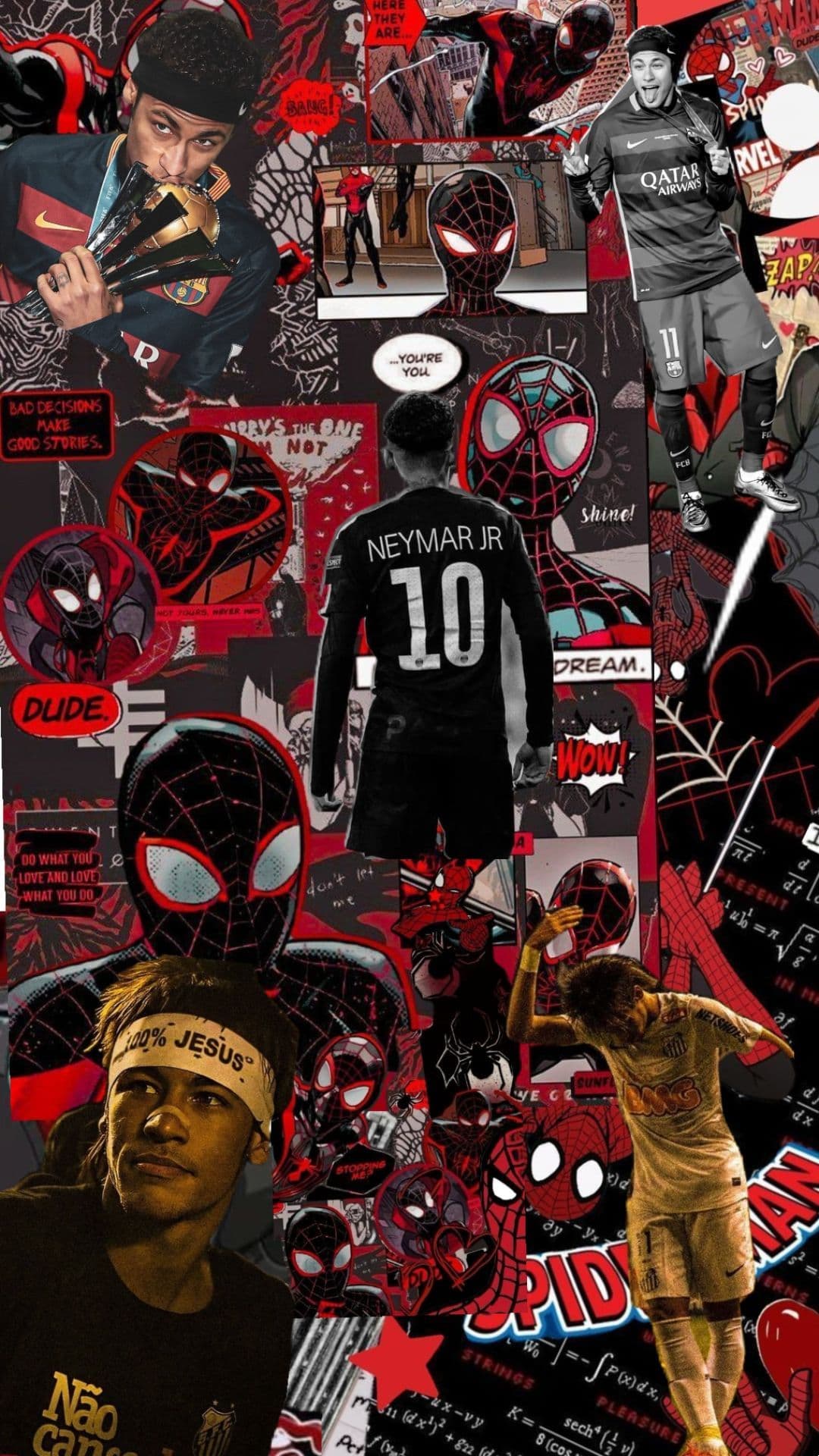 This is a high-energy digital collage featuring a central figure of a soccer player wearing a black jersey with 'NEYMAR JR' and number '10' on the back, standing in a neutral pose. Surrounding him are multiple layered images of Spider-Man in various poses, including a close-up of his face and a dynamic action shot, all rendered in a stylized, comic-book aesthetic. The composition is a chaotic yet intentional mashup of sports and superhero imagery, with text overlays and pop culture references like 'Dude', 'Shine!', and 'Dream'. The overall visual style is vibrant, with a dominant red and black color scheme, creating a bold, energetic atmosphere. The image is designed as a fan-art collage, combining athletic and superhero iconography without any suggestive or revealing content.