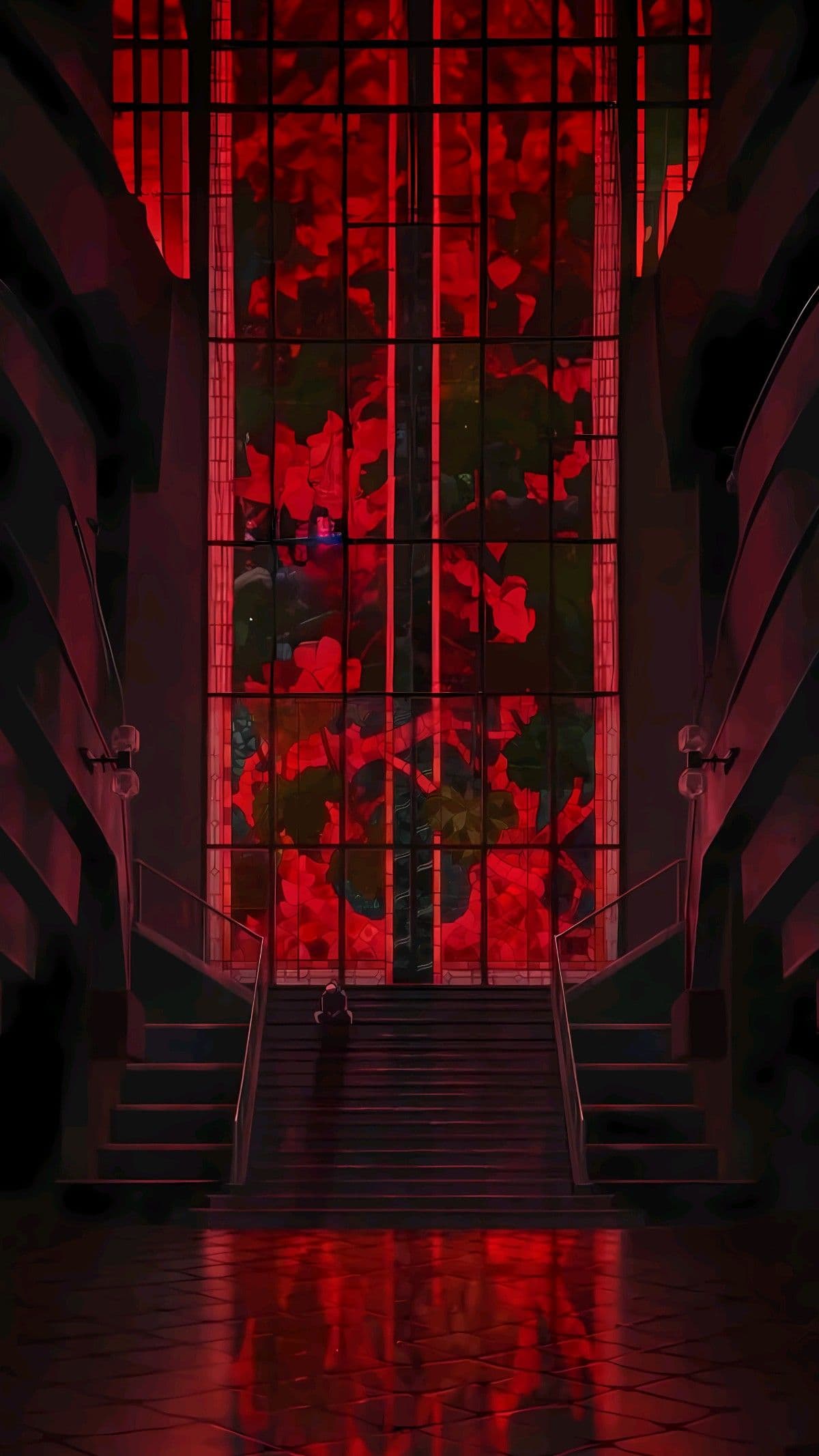 The image depicts a lone, small figure sitting at the top of a grand staircase within a dark, cavernous hall. The subject is viewed from behind, appearing as a tiny silhouette against a massive, towering window that dominates the composition. This central window is filled with vibrant, abstract red patterns resembling stained glass or organic floral shapes, which cast a deep crimson glow across the entire scene. The architecture features sharp, geometric lines and symmetrical staircases that lead the viewer's eye directly toward the seated figure. The artistic technique utilizes high contrast and a limited color palette to create a sense of overwhelming scale and isolation. The overall atmosphere is mysterious, somber, and intensely dramatic, evoking feelings of solitude and quiet contemplation.