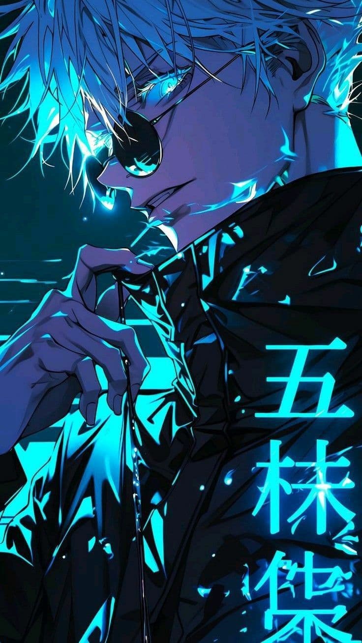 The image features a male character with spiky, vibrant white hair and glowing cyan eyes, partially obscured by dark round sunglasses. He is dressed in a high-collared, dark tactical or urban outfit that covers him completely from the neck down, suggesting a modern or supernatural warrior aesthetic. The character is captured in a medium shot, looking slightly downward with a confident and intense expression while his hand rests near his collar. The environment is dark and abstract, dominated by intense cyan energy effects and glowing particles that wrap around the subject. The artistic technique utilizes sharp line work and high-contrast cel shading, creating a striking neon-on-dark effect. The overall atmosphere is powerful, mysterious, and high-energy, evoking a sense of supernatural strength.