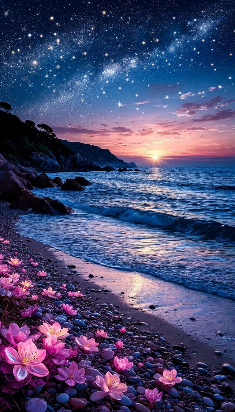 This image captures a serene coastal landscape at twilight, with a vibrant star-filled sky transitioning from deep indigo to soft pink near the horizon. The sun is setting over the ocean, casting a warm, reflective glow on the water's surface and illuminating the pebbled shore. In the foreground, glowing pink and purple flowers bloom abundantly among smooth stones, adding a magical, dreamlike quality to the scene. The composition balances the vastness of the sky and sea with the intimate detail of the floral foreground, creating a tranquil and ethereal atmosphere. The artwork employs soft gradients and realistic lighting to evoke a sense of peace and wonder, enhanced by the gentle motion of the waves and the stillness of the flowers.