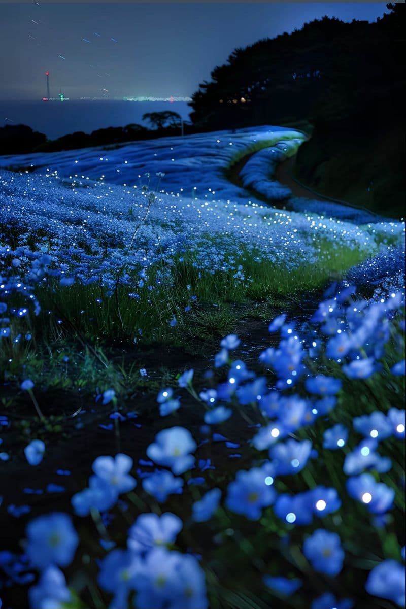 This image captures a serene nocturnal landscape featuring a vast field of bioluminescent blue flowers glowing softly under a starry sky. The composition leads the viewer’s eye along a winding path through the glowing flora, with distant city lights and a tall tower visible on the horizon across a calm body of water. The artistic rendering employs deep blues and greens with selective bokeh effects on the foreground blossoms, enhancing the dreamlike, tranquil atmosphere. The lighting is predominantly natural twilight illumination, with subtle reflections on the wet ground, suggesting a quiet, contemplative mood. The overall scene evokes a sense of wonder and peace, with no human presence or suggestive elements.