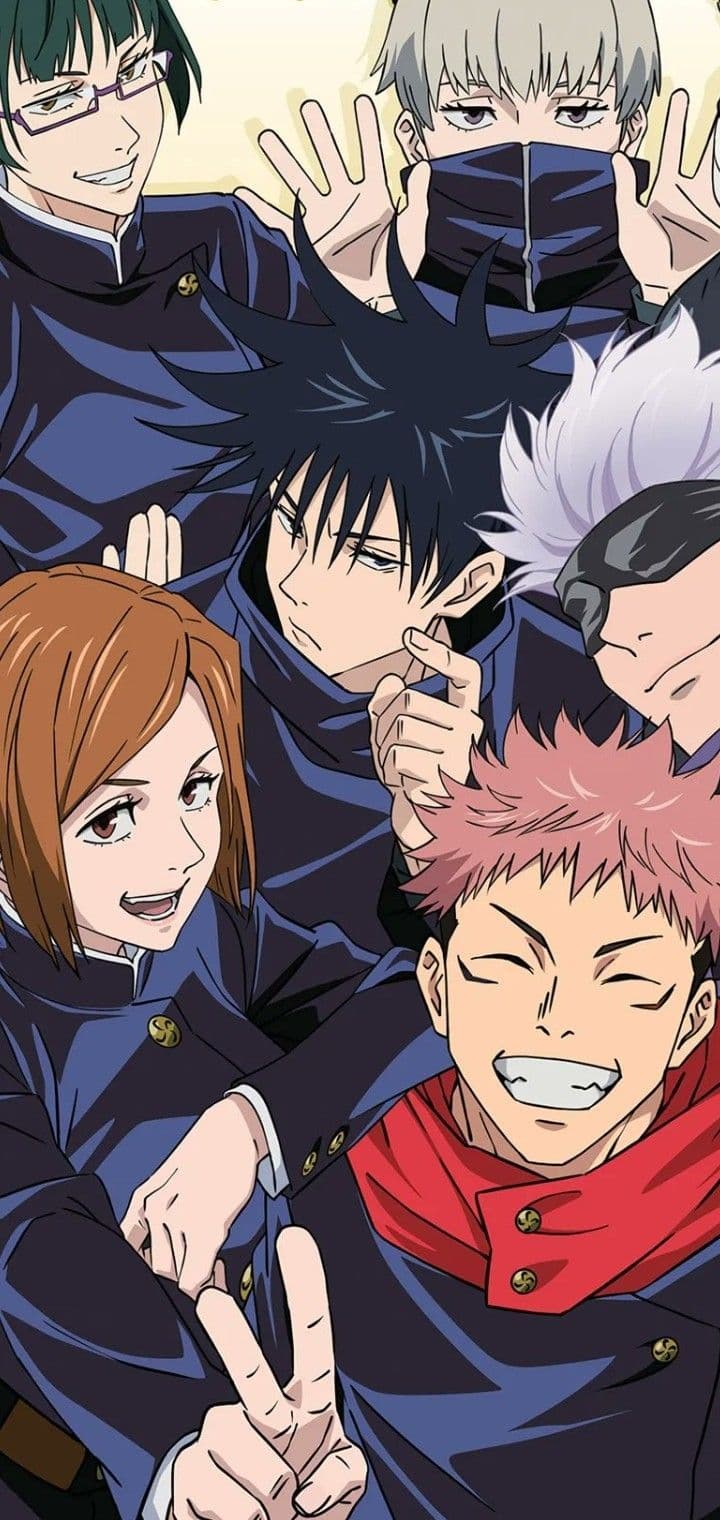 This image features a group of six characters from the Jujutsu Kaisen series, presented in a crowded, friendly group photo composition. The characters are dressed in their signature dark navy blue high-collar school uniforms, which provide full coverage, with Yuji Itadori sporting his distinctive red hooded scarf. The poses are energetic and casual, ranging from Yuji's wide, joyful grin and peace sign to Megumi's more reserved, stoic expression and Toge's playful hand gestures. The background is a simple, solid pale yellow, which allows the detailed character designs and vibrant hair colors to stand out. The art style utilizes sharp, clean line work and classic cel-shading, characteristic of modern high-quality TV anime production. The overall atmosphere is cheerful, nostalgic, and emphasizes the bond of camaraderie between the students and their teacher.
