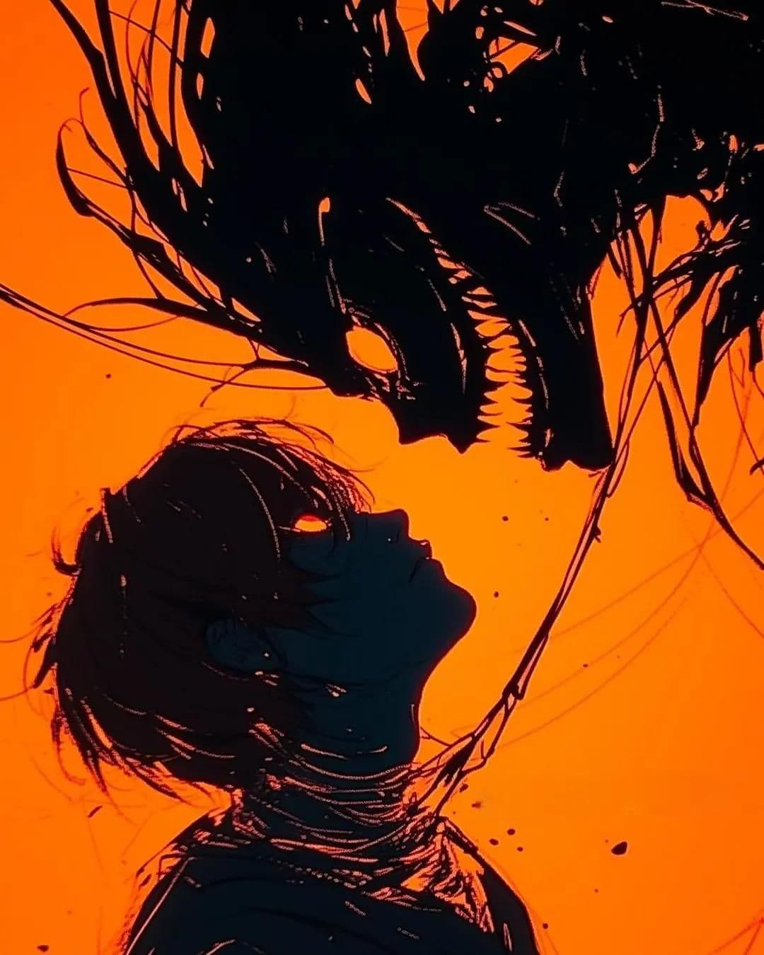 The image portrays a dramatic, high-contrast silhouette of a young human figure gazing upward in awe or fear, set against a vibrant, fiery orange background. Above them looms a massive, menacing, dragon-like creature with sharp teeth and flowing, chaotic tendrils, creating a powerful sense of scale and threat. The human figure is rendered in deep shadow with minimal detail, emphasizing their vulnerable posture and upward gaze. The artwork employs expressive, ink-like brushstrokes and splatters, enhancing the raw, emotional intensity of the scene. The overall mood is tense and cinematic, evoking themes of confrontation, wonder, or impending danger, with the warm color palette contrasting sharply with the dark silhouettes.