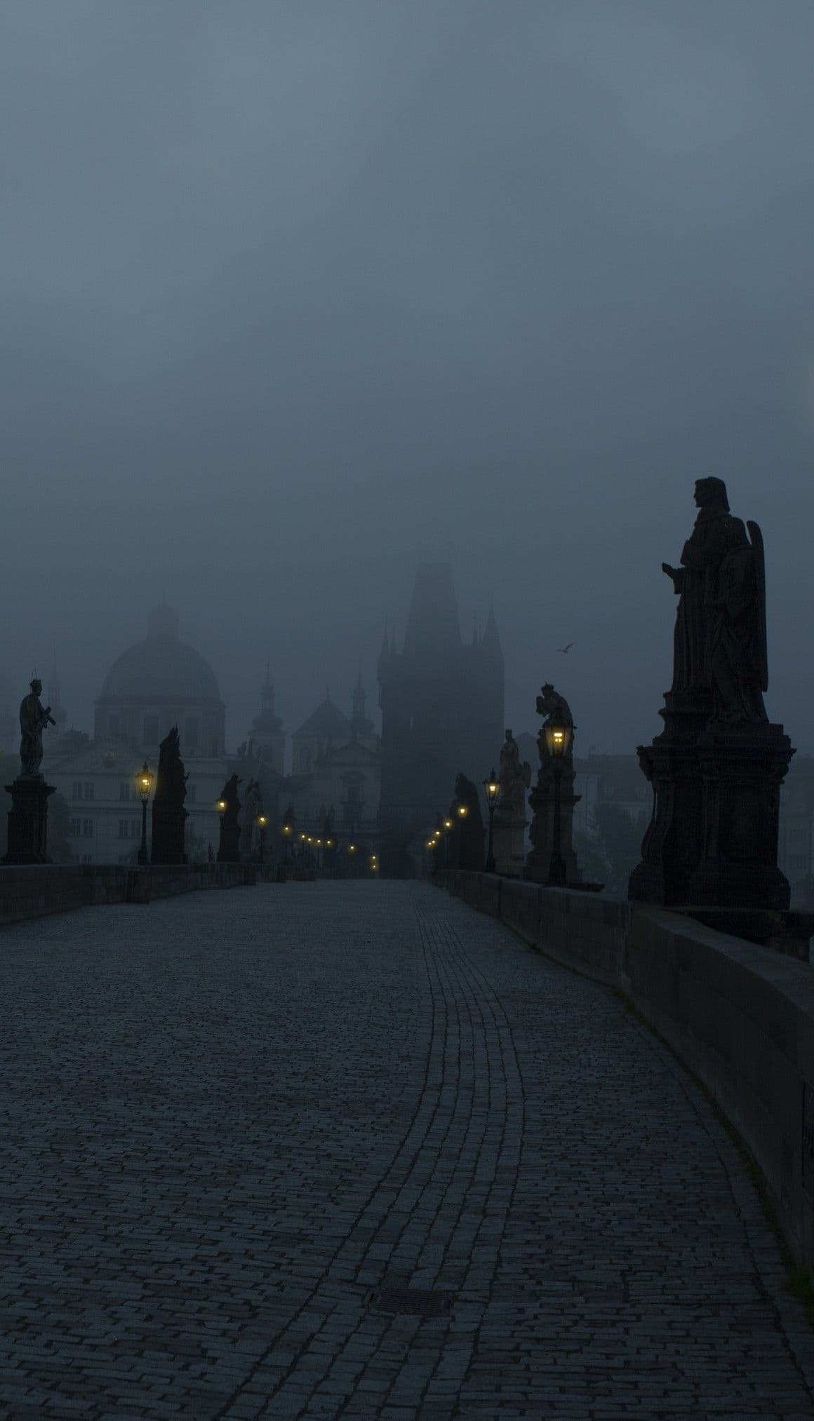 This image captures a misty, atmospheric view of a historic stone bridge lined with statues, leading the eye toward distant, fog-obscured architectural landmarks. The bridge's cobblestone surface and evenly spaced lanterns create a sense of depth and solemnity, while the muted, cool-toned palette enhances the mysterious, quiet mood. The lighting is soft and diffused, with warm glows from lanterns contrasting against the pervasive gray fog. The composition is symmetrical, emphasizing the bridge's length and the architectural grandeur partially veiled by mist. The overall tone is contemplative and serene, evoking a sense of timelessness and solitude in an urban setting.