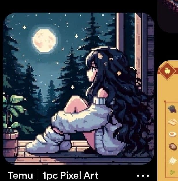 A young female character with long, dark, wavy hair is seated on a wooden windowsill, viewed from a three-quarter angle, gazing out at a starry night. She wears a cozy, light-colored sweater with visible ribbed cuffs and a soft, plush texture, covering her entire body including her legs and arms. Her posture is relaxed and contemplative, with knees drawn up and hands resting gently on her lap. The scene is set against a backdrop of tall pine trees under a large, glowing full moon, with a potted plant visible to the left, suggesting a quiet, indoor balcony or porch. The artwork employs a pixel art style with clean, sharp lines and soft shading, creating a warm, nostalgic atmosphere that evokes calm and introspection.