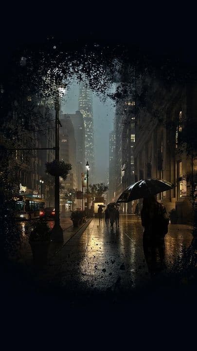 The image portrays a solitary figure walking down a rain-slicked urban street at night, holding a dark umbrella that shields them from the downpour. The scene is framed through a wet, reflective surface, possibly a window, which distorts the view with droplets and reflections. In the background, towering skyscrapers glow with warm artificial light against a misty, overcast sky, while street lamps cast pools of yellow illumination on the wet pavement. The composition evokes a moody, introspective atmosphere, with the lone figure's silhouette contrasting against the illuminated cityscape. The artwork employs atmospheric perspective and realistic lighting to create depth and emotional resonance, emphasizing solitude and urban melancholy.
