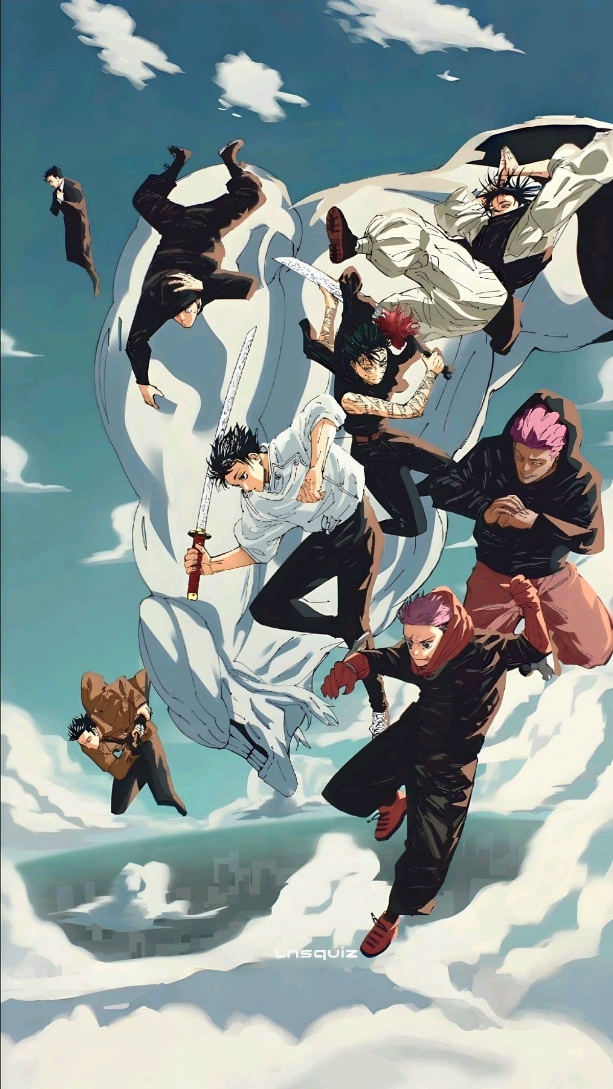 This dynamic illustration features an ensemble of male characters from Jujutsu Kaisen descending through a bright, cloud-filled sky. The central figure, Yuta Okkotsu, is depicted in mid-air wielding a katana, dressed in his signature white high-collar uniform and dark trousers. Surrounding him are other key characters like Yuji Itadori, Maki Zenin, and Hakari, all portrayed in active, falling poses with determined expressions. The setting is high above a distant city, with massive, stylized white clouds providing a sense of scale and verticality. The artwork utilizes sharp line work and professional cel-shading, characteristic of modern high-end digital anime art. The overall atmosphere is one of intense action and heroic resolve, capturing a high-stakes moment of arrival or battle initiation.