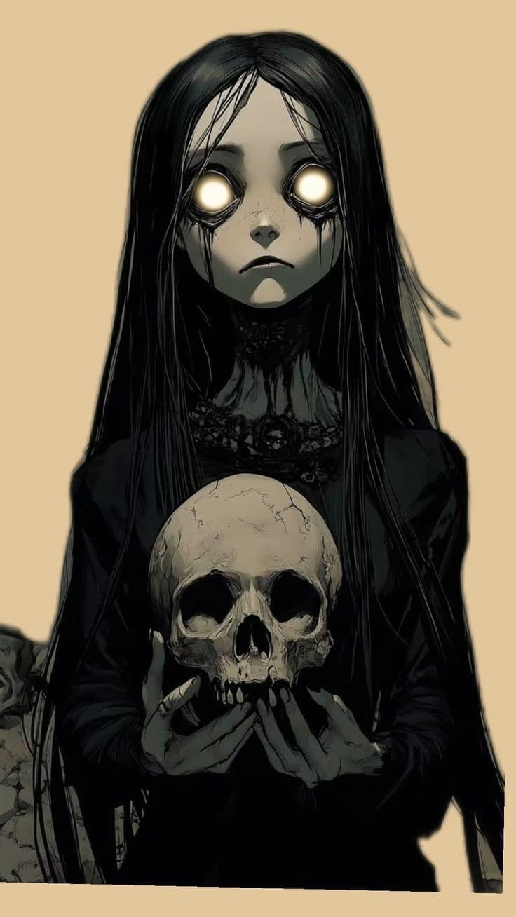 The central figure is a pale, long-haired character with wide, glowing eyes and a solemn expression, wearing a dark, high-necked garment with intricate lace detailing. She holds a human skull delicately in both hands, positioned centrally in front of her chest. The character's long, wet-looking hair frames her face, and her expression conveys a haunting, eerie stillness. The artwork employs a stark contrast between the dark tones of her attire and the pale, almost sepia-toned background, enhancing the macabre yet serene atmosphere. The composition is symmetrical, with the character centered and the skull as a focal point, creating a powerful visual statement of mortality and mystery.