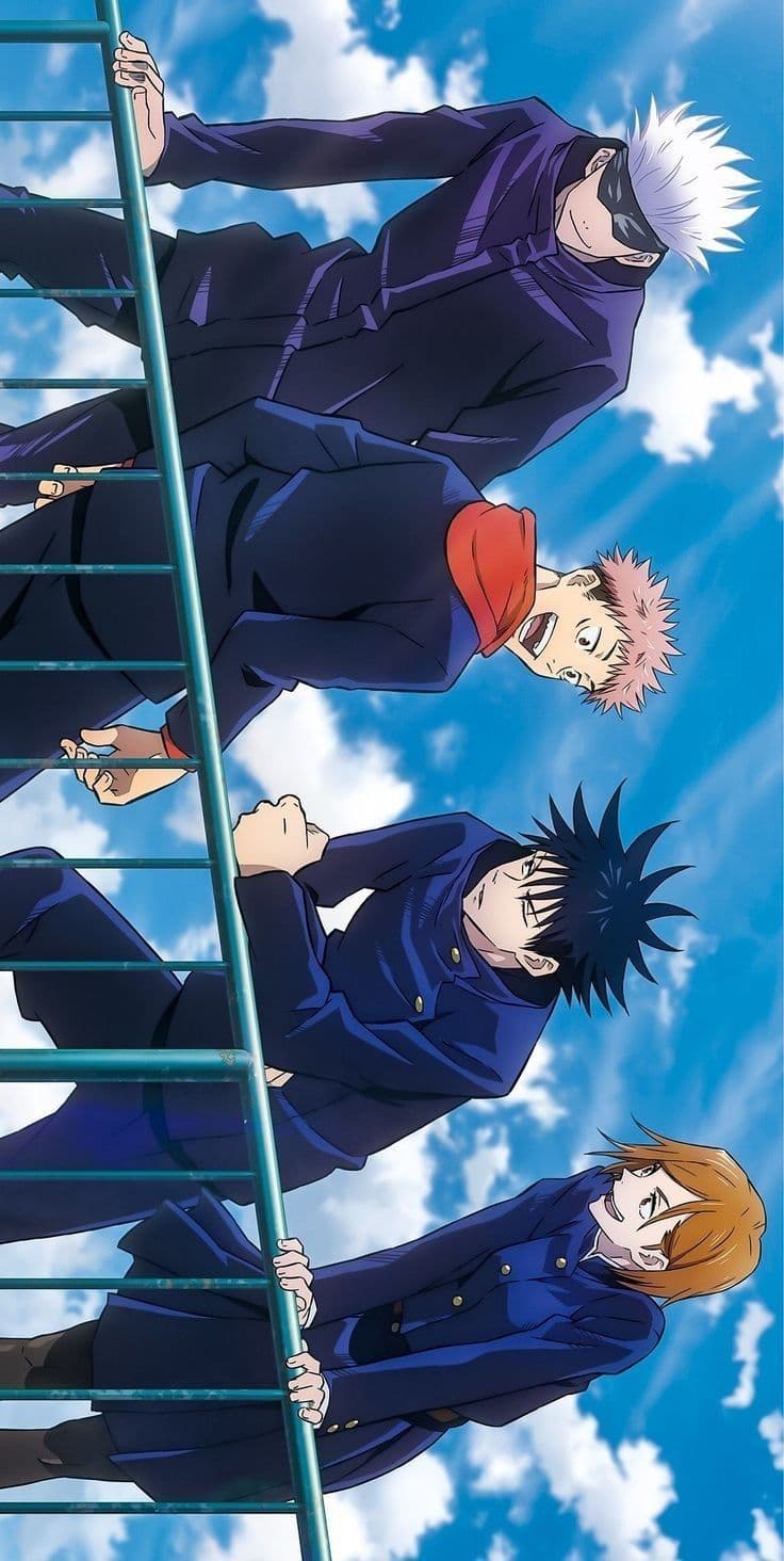 This image features four central characters from Jujutsu Kaisen, including Satoru Gojo, Yuji Itadori, Megumi Fushiguro, and Nobara Kugisaki, all dressed in their signature dark navy high-collar school uniforms. The characters are positioned along a green metal railing, looking down toward the viewer from a high-angle perspective that creates a dynamic sense of height. The background is a brilliant, clear blue sky filled with soft, wispy white clouds and subtle sunbeams radiating from the upper corner. The artistic style is characteristic of modern TV anime, utilizing clean line work and vibrant cel-shading to define the characters' features and clothing folds. The overall atmosphere is bright, cheerful, and nostalgic, capturing a peaceful moment of camaraderie among the group. The composition uses the diagonal lines of the railing to guide the eye across the different personalities and expressions of the ensemble.