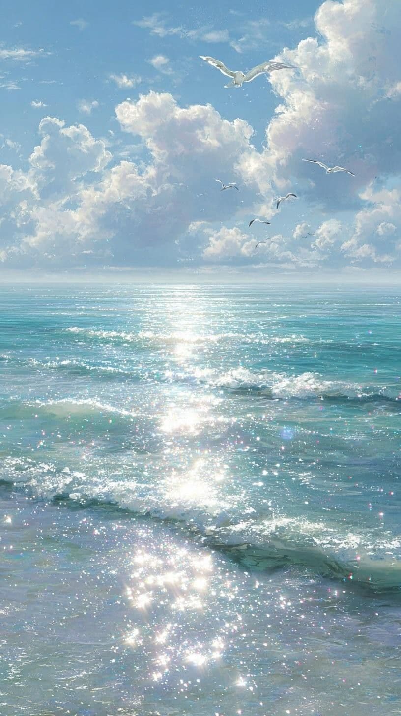 This serene coastal scene captures a vast, tranquil ocean under a bright, cloud-filled sky, with sunlight reflecting brilliantly across the water's surface in sparkling, star-like glints. Several seagulls are gracefully in flight, adding a sense of movement and freedom to the otherwise still composition. The horizon blends softly into the sky, creating a peaceful, expansive atmosphere that evokes calmness and natural beauty. The artwork employs a painterly digital style with soft gradients and luminous highlights, emphasizing the interplay of light and water. The overall mood is tranquil and meditative, inviting viewers to appreciate the harmony between sky, sea, and nature.
