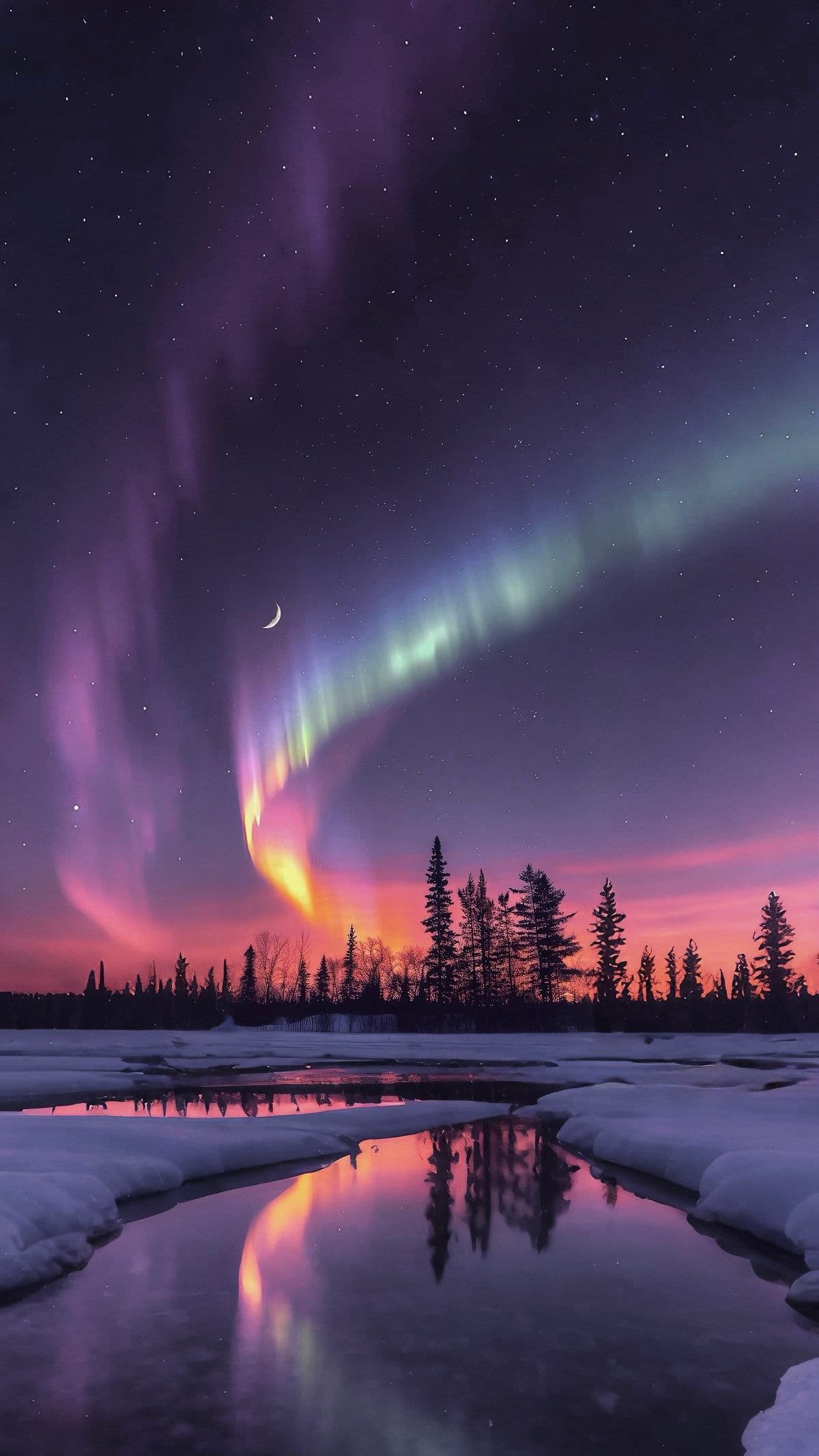 This image captures a breathtaking natural landscape under a starry night sky, dominated by vibrant auroral displays in shades of purple, green, and orange. A slender crescent moon hangs delicately above the horizon, contrasting with the swirling, ethereal light patterns that dance across the heavens. Below, a frozen, snow-covered river reflects the celestial spectacle, mirroring the trees and the aurora's glow with perfect symmetry. The scene is framed by a dense line of dark evergreen trees silhouetted against the colorful twilight, enhancing the sense of scale and tranquility. The composition is serene and immersive, evoking a profound sense of wonder and peace through its balanced framing and rich, atmospheric lighting.