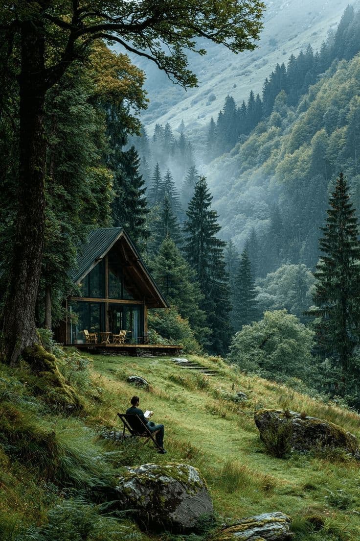 A solitary figure sits in a dark wooden chair on a mossy, grassy slope, engrossed in reading a book, with a small modern cabin nestled among towering evergreen trees in the background. The cabin features large glass windows and a wooden deck, surrounded by dense forest and misty mountain slopes that recede into atmospheric depth. The scene is bathed in soft, diffused natural daylight, suggesting a tranquil morning or early afternoon, with mist clinging to the valley floor. The composition emphasizes serenity and solitude, with rich green and earthy tones dominating the palette, creating a harmonious, nature-immersed atmosphere. The artistic rendering is photorealistic, capturing fine textures of moss, bark, and grass with high fidelity, evoking a sense of peaceful contemplation and connection with nature.