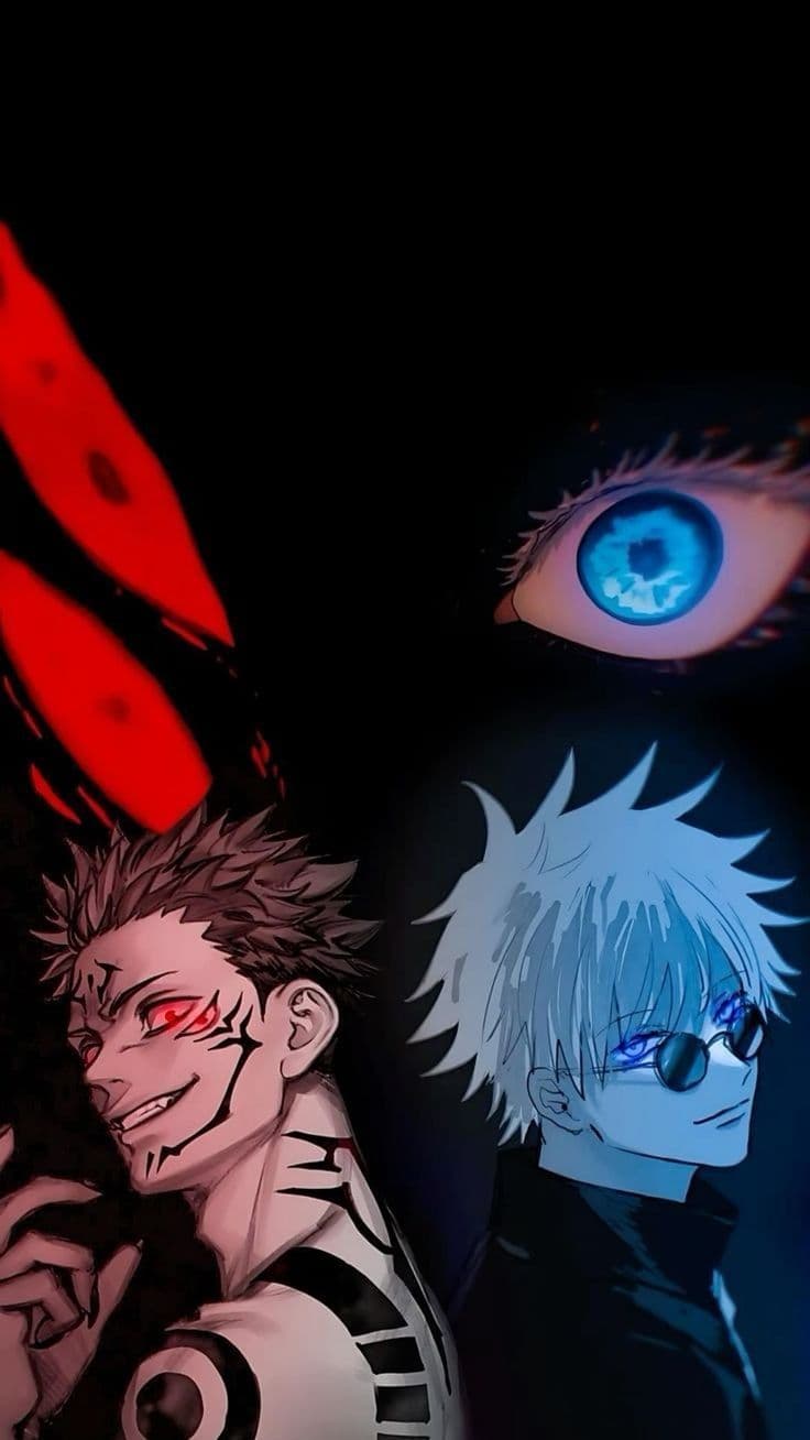 This digital illustration features a dual-character composition from the series Jujutsu Kaisen, showcasing Ryomen Sukuna and Satoru Gojo against a pitch-black background. Sukuna is depicted on the left with his signature facial markings and a menacing grin, while Gojo stands on the right wearing dark sunglasses that reveal glowing blue eyes. Above them, a large, hyper-detailed blue eye and abstract red shapes loom, symbolizing their immense power and contrasting techniques. The artistic style utilizes sharp line work and high-contrast lighting to create a dramatic, supernatural aesthetic. The overall atmosphere is intense and competitive, capturing the rivalry and god-like status of the two most powerful entities in the series. The use of vibrant red and electric blue highlights against the void-like background emphasizes the duality of their characters.