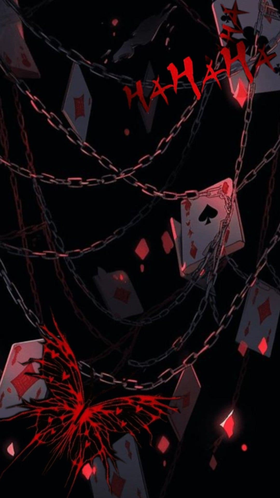 The image depicts a surreal, dark-themed composition dominated by interwoven metallic chains and floating playing cards, primarily spades and diamonds, rendered in a stark red and black palette. A stylized, blood-red butterfly with jagged, organic wings is positioned in the foreground, appearing to emerge from or be entangled with the chains. The word 'HAHAHA' is written in a dripping, stylized red font across the upper portion, suggesting a macabre or chaotic theme. The overall aesthetic is a blend of gothic and surrealism, with sharp linework and high-contrast shading. The mood is eerie and unsettling, evoking themes of entrapment, madness, or fate, despite the absence of any human or character figures. The composition is symmetrical and layered, creating a sense of depth and tension through the overlapping elements.