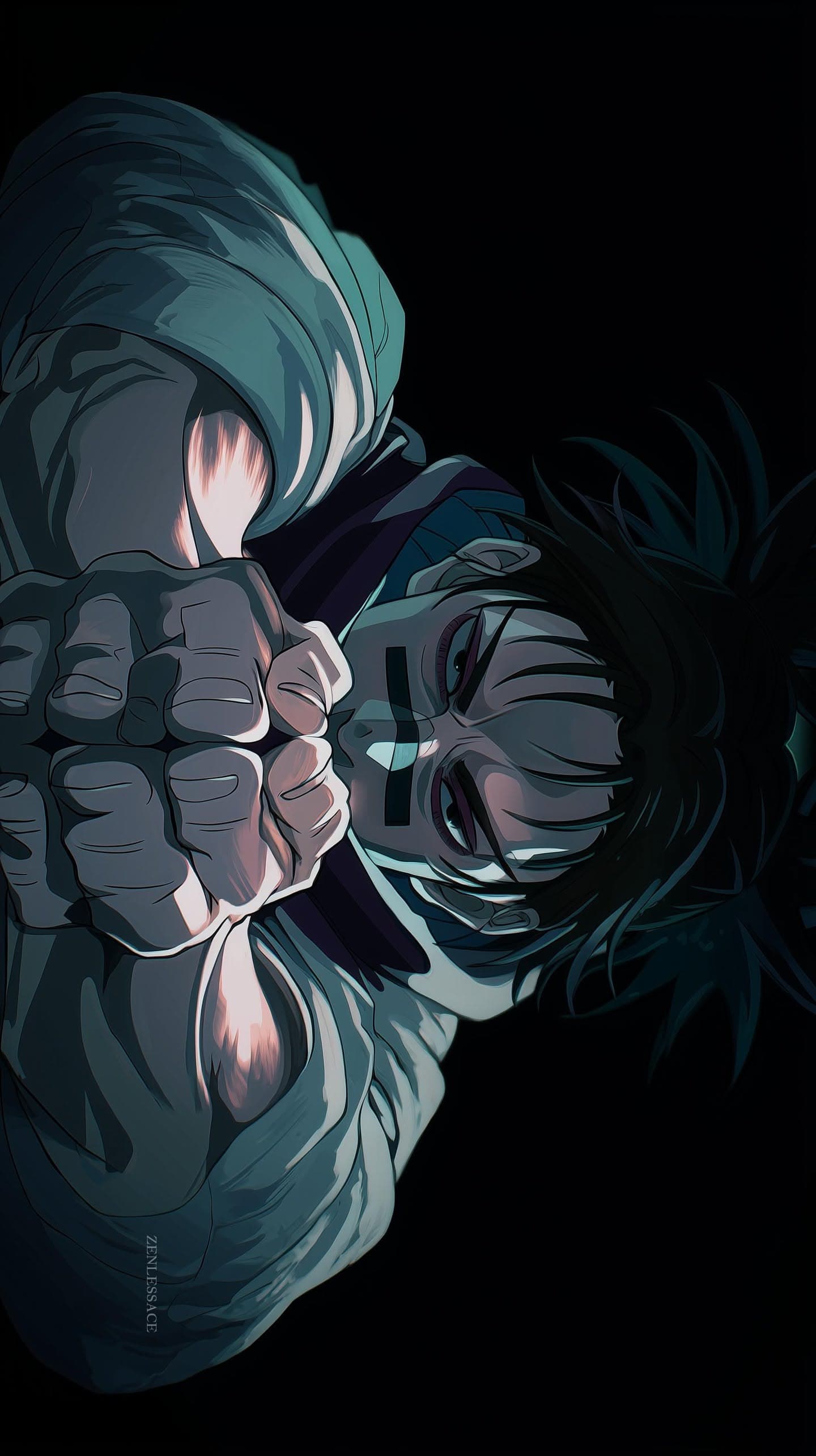 The image features a single male character in a dramatic, low-angle composition, captured in a moment of intense physical strain or emotional turmoil, with his face contorted and hands gripping his own head. He wears a loose-fitting, layered garment in muted teal and grey tones, with visible fabric folds and muscle definition suggesting physical exertion. The background is a solid black void, emphasizing the character's form and emotional weight. The art employs cel-shaded lighting with strong highlights on the knuckles and facial features, creating a high-contrast, cinematic mood. The overall atmosphere is tense and introspective, conveying inner struggle or pain through the character's posture and facial expression, while maintaining full modesty and coverage.