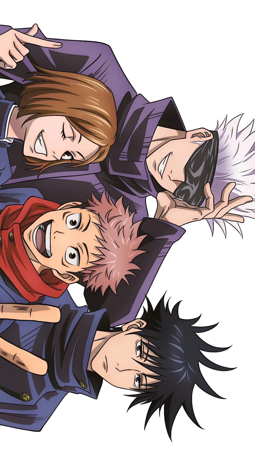 This digital illustration features four central characters from the Jujutsu Kaisen series, presented in a dynamic, vertically-oriented group shot. The characters are dressed in their signature high-collar dark blue and purple school uniforms, which provide full coverage and a professional aesthetic. Yuji Itadori and Nobara Kugisaki are shown with joyful, wide-eyed expressions, while Satoru Gojo grins confidently behind his signature black blindfold, and Megumi Fushiguro maintains a calm, stoic gaze. The composition uses a playful, slightly tilted perspective against a clean white background, emphasizing the camaraderie and bond between the group. The art style utilizes sharp, precise line work and classic cel-shading, characteristic of modern high-quality TV anime production. The overall atmosphere is cheerful, energetic, and wholesome, capturing a peaceful moment of friendship.