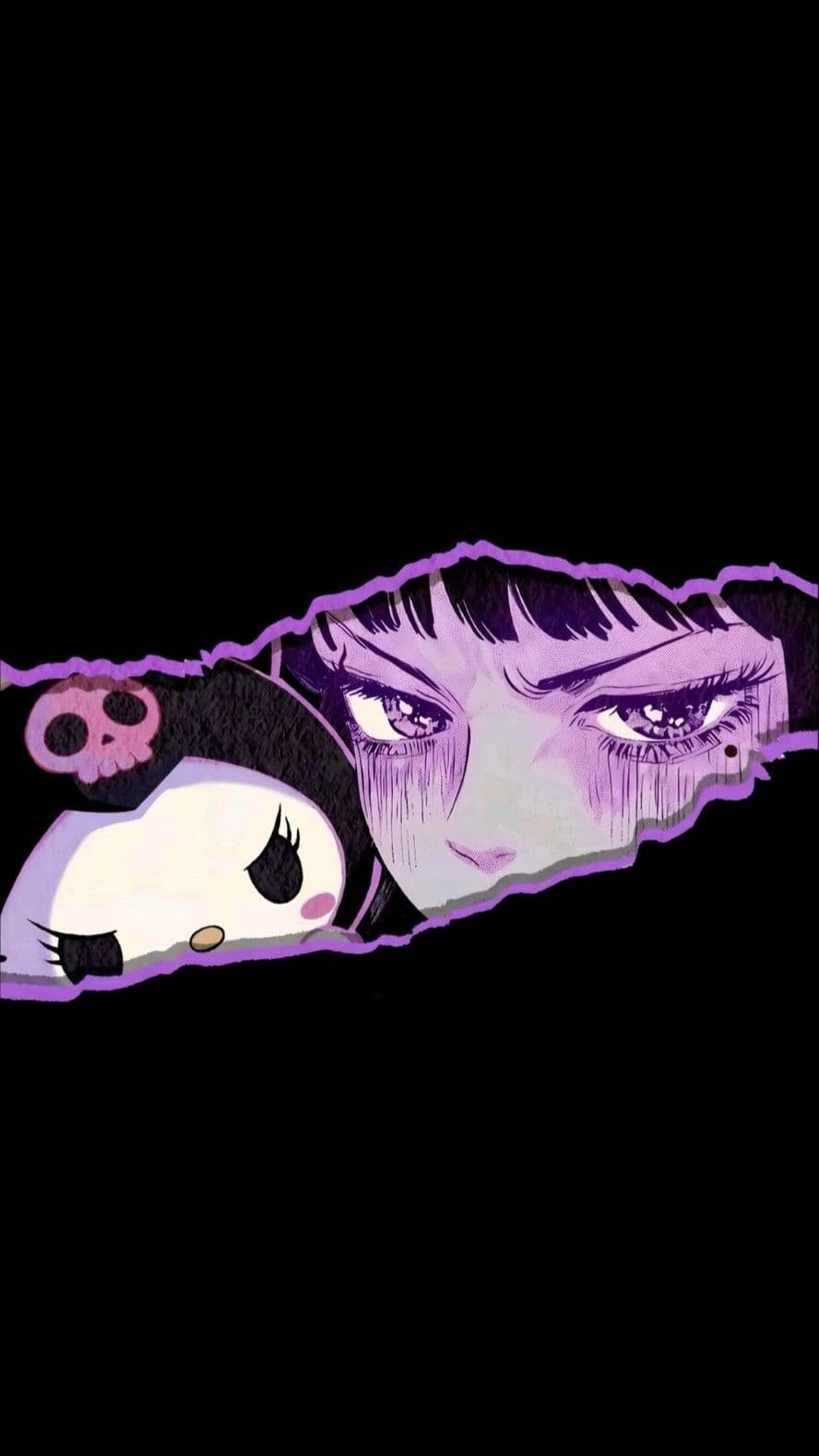 The image features a stylized, split-frame composition with a dark-haired female character peeking through a jagged, torn-paper edge against a solid black background. Her face is rendered with sharp, expressive eyes and detailed eyelashes, conveying a serious or intense expression. Beside her, a small, plush-like character with a skull motif on its head rests peacefully, contrasting with the main character's alert demeanor. The art employs bold purple outlines and cel-shaded coloring, emphasizing the characters' forms against the stark background. The overall mood is mysterious and slightly edgy, with a strong visual contrast between the characters' expressions and the minimalist setting.