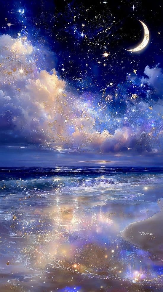 This image depicts a serene, dreamlike coastal night scene under a vast, star-filled sky. A crescent moon hangs prominently above a luminous, cloud-filled horizon, while countless stars and sparkling particles drift through the celestial expanse. Below, the ocean gently laps at a sandy shore, its surface shimmering with reflections of the cosmic spectacle above. The clouds are rendered with soft, painterly gradients of blue, purple, and gold, creating a magical, ethereal atmosphere. The overall composition evokes a sense of tranquility and wonder, inviting contemplation of nature's beauty and the infinite cosmos.