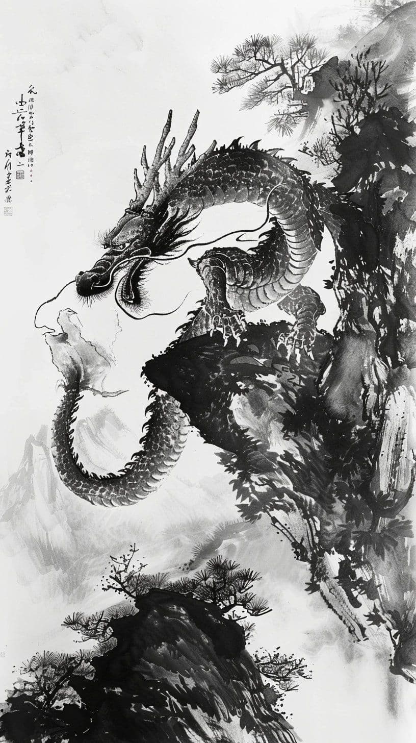 This is a traditional Chinese ink wash painting depicting a majestic dragon coiled around a rugged mountain peak, its scales rendered with intricate brushwork and dynamic shading. The dragon's head is turned toward the viewer, with expressive eyes and a flowing mane, conveying power and serenity. Below, stylized pine trees and misty mountain ranges create a sense of depth and ancient mysticism. The composition uses traditional Chinese landscape elements, with the dragon as the central focal point, balanced against the natural forms. The artwork employs monochromatic ink tones with varying degrees of wash, creating a dramatic contrast between the dragon's detailed form and the atmospheric background. The overall mood is solemn, awe-inspiring, and culturally resonant, evoking reverence for mythical creatures and nature.