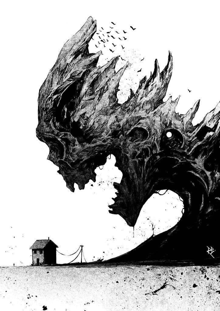 The image depicts a colossal, abstract, wave-like creature composed of jagged, organic forms, appearing to be made of dark, textured material with a skull-like structure at its core. Its form dominates the frame, with a flock of birds flying away from its crest, suggesting movement or release. In the foreground, a solitary, small house stands on barren ground, connected by a wire to a utility pole, emphasizing the scale and isolation of the scene. The artwork employs meticulous cross-hatching and ink shading to create depth and texture, with stark contrast between the black forms and the white background. The overall atmosphere is surreal and ominous, evoking themes of nature’s power, decay, or existential dread, while maintaining a visually striking and emotionally intense composition.