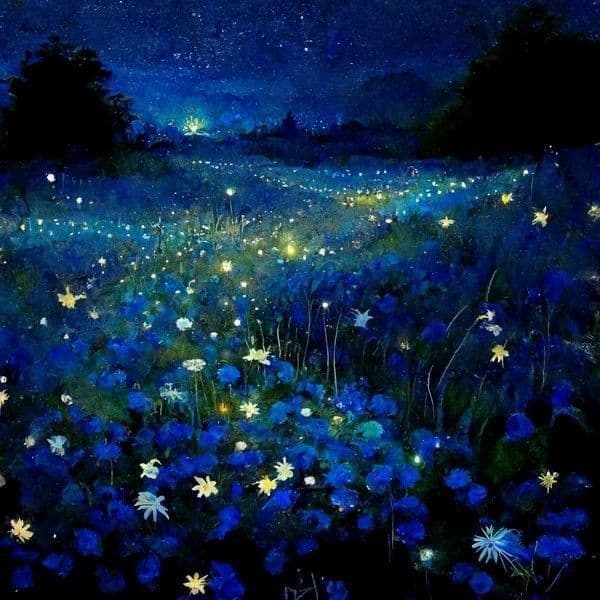 This image depicts a tranquil nocturnal meadow under a star-filled sky, where countless glowing fireflies drift through the air, illuminating the scene with soft, ethereal light. The field is densely populated with deep blue and purple wildflowers, interspersed with delicate white and yellow blossoms, creating a rich tapestry of color and texture. In the distance, silhouetted trees and faint architectural structures suggest a quiet, rural landscape, while the horizon glows with a distant, warm light source. The artwork employs a painterly, impressionistic technique with blended gradients and soft brushstrokes, enhancing the dreamlike, magical atmosphere. The overall mood is serene and contemplative, evoking a sense of wonder and peaceful solitude under the vast night sky.