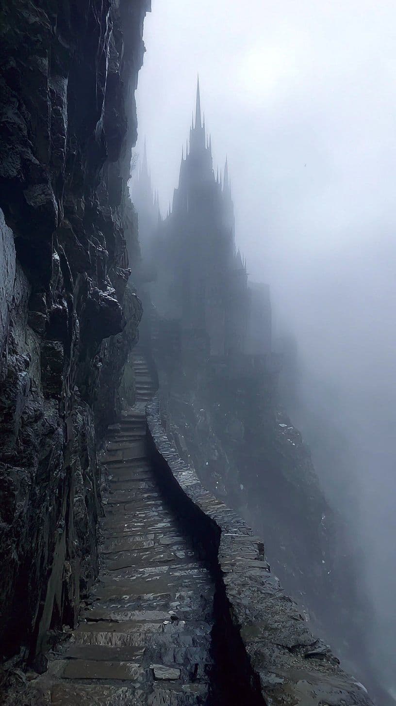 The image depicts a narrow, winding stone staircase carved into a sheer cliffside, ascending toward a mysterious, fog-shrouded castle with multiple spires. The path is flanked by rugged, moss-covered rock faces and appears weathered by time, with a single figure barely visible at the bottom, suggesting scale and solitude. The atmosphere is ethereal and somber, with thick fog obscuring the distant castle and creating a sense of isolation and mystery. The lighting is diffused, with a pale, overcast sky suggesting a cold, misty day, enhancing the moody, atmospheric quality. The composition emphasizes verticality and depth, drawing the viewer’s eye upward through the fog into the looming, shadowed architecture.