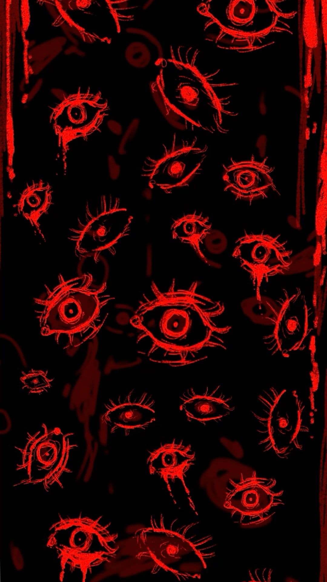The image features a dense, repeating pattern of stylized red eyes against a dark, textured black background. Each eye is rendered with expressive, sketchy linework and dripping effects, conveying a sense of horror or psychological intensity. The eyes vary in size, orientation, and detail, with some appearing to weep or glisten, enhancing the unsettling atmosphere. The composition is vertical, with the eyes scattered across the frame, creating a sense of overwhelming observation. The overall aesthetic is abstract and symbolic, focusing on visual repetition and emotional impact rather than narrative or character depiction. The mood is eerie and suspenseful, evoking themes of paranoia or supernatural awareness.