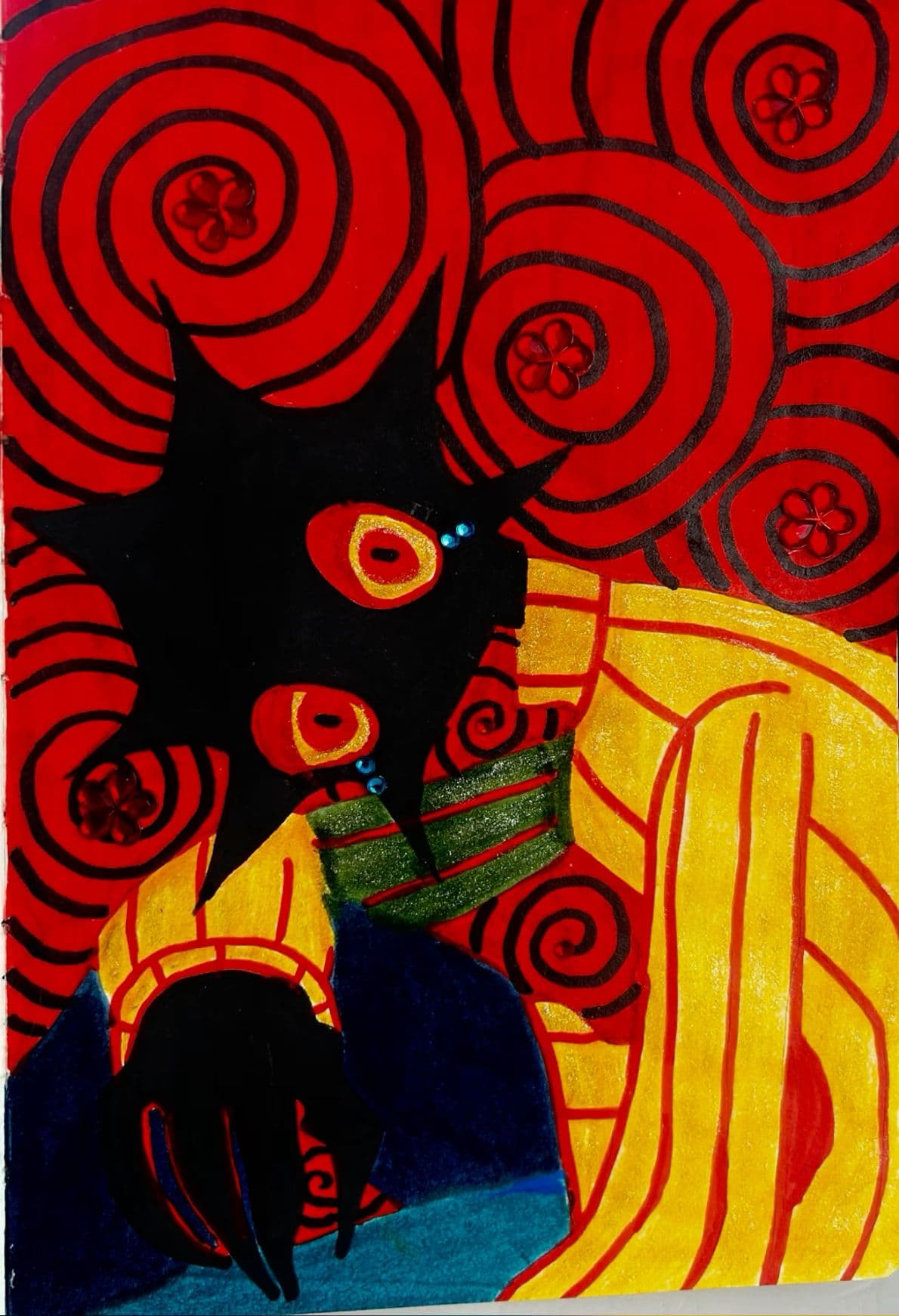 The image features a stylized, abstract character with a black, star-like head and large, expressive red eyes, seated in a dynamic pose. The character is draped in a vibrant yellow garment with bold vertical stripes and a green sash, suggesting ceremonial or traditional attire. Behind the figure, a swirling red background with concentric circles and small floral motifs creates a hypnotic, energetic atmosphere. The artwork employs thick, expressive lines and flat, saturated color blocks, emphasizing graphic impact over realism. The overall mood is intense yet visually harmonious, evoking a sense of mystery and power through its bold composition and contrasting color palette.