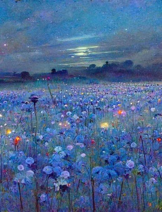This image depicts a vast, dreamlike meadow filled with countless delicate flowers in shades of blue, purple, and soft white, illuminated by subtle glowing orbs that resemble fireflies or magical lights. The scene is set under a twilight sky with a pale moon and scattered stars, creating a serene and ethereal atmosphere. In the distance, dark silhouettes of trees and hills frame the horizon, enhancing the depth and scale of the landscape. The painting employs soft, blended brushstrokes and a cool color palette to evoke a tranquil, almost otherworldly mood. The overall composition is immersive, inviting viewers into a peaceful, nature-infused fantasy realm.