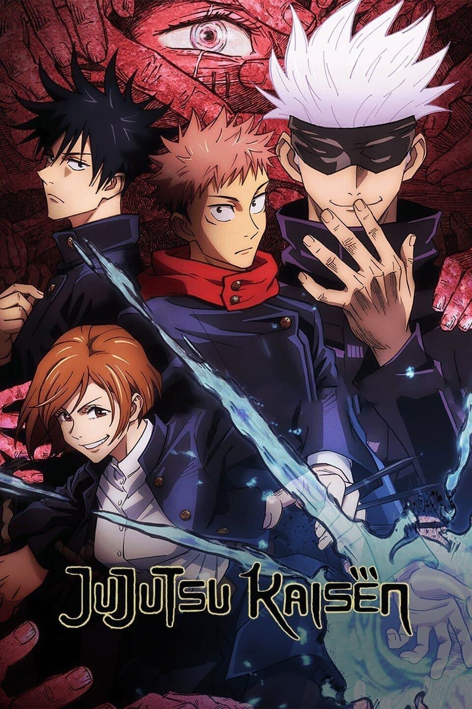 This official promotional artwork features the four main protagonists of Jujutsu Kaisen: Yuji Itadori, Megumi Fushiguro, Nobara Kugisaki, and Satoru Gojo. The characters are dressed in their signature dark blue Tokyo Jujutsu High uniforms, which provide full coverage including high collars and long sleeves. They are arranged in a dynamic ensemble composition, with Nobara in the foreground wielding her hammer and energy effects, while Gojo looms in the back with his iconic blindfold and hand sign. The background is a visceral, dark red landscape composed of cursed energy, eyes, and hands, creating a stark contrast with the blue energy slashes in the foreground. The artistic style is sharp and modern, utilizing bold line work and dramatic cel-shading to emphasize the intensity of the scene. The overall mood is tense and supernatural, reflecting the high-stakes action and dark fantasy themes of the series.