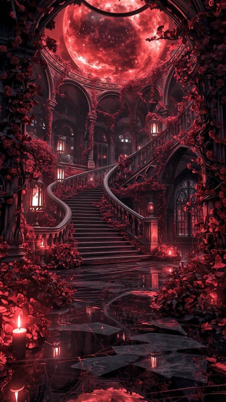 The image depicts a grand, gothic-style interior hall dominated by a sweeping, ornate staircase that curves upward toward a massive, glowing red celestial sphere visible through an arched ceiling. The architecture features dark stone arches, intricate balustrades, and lavish floral vines cascading from pillars and railings, all bathed in an eerie, romantic red glow from lanterns and candles. The floor is reflective, mirroring the ambient light and candles, enhancing the sense of depth and mystery. The overall atmosphere is surreal and atmospheric, blending opulent decay with cosmic grandeur, evoking a sense of awe and quiet melancholy. The composition is symmetrical, with the staircase as the central axis, drawing the viewer’s eye upward toward the celestial phenomenon.