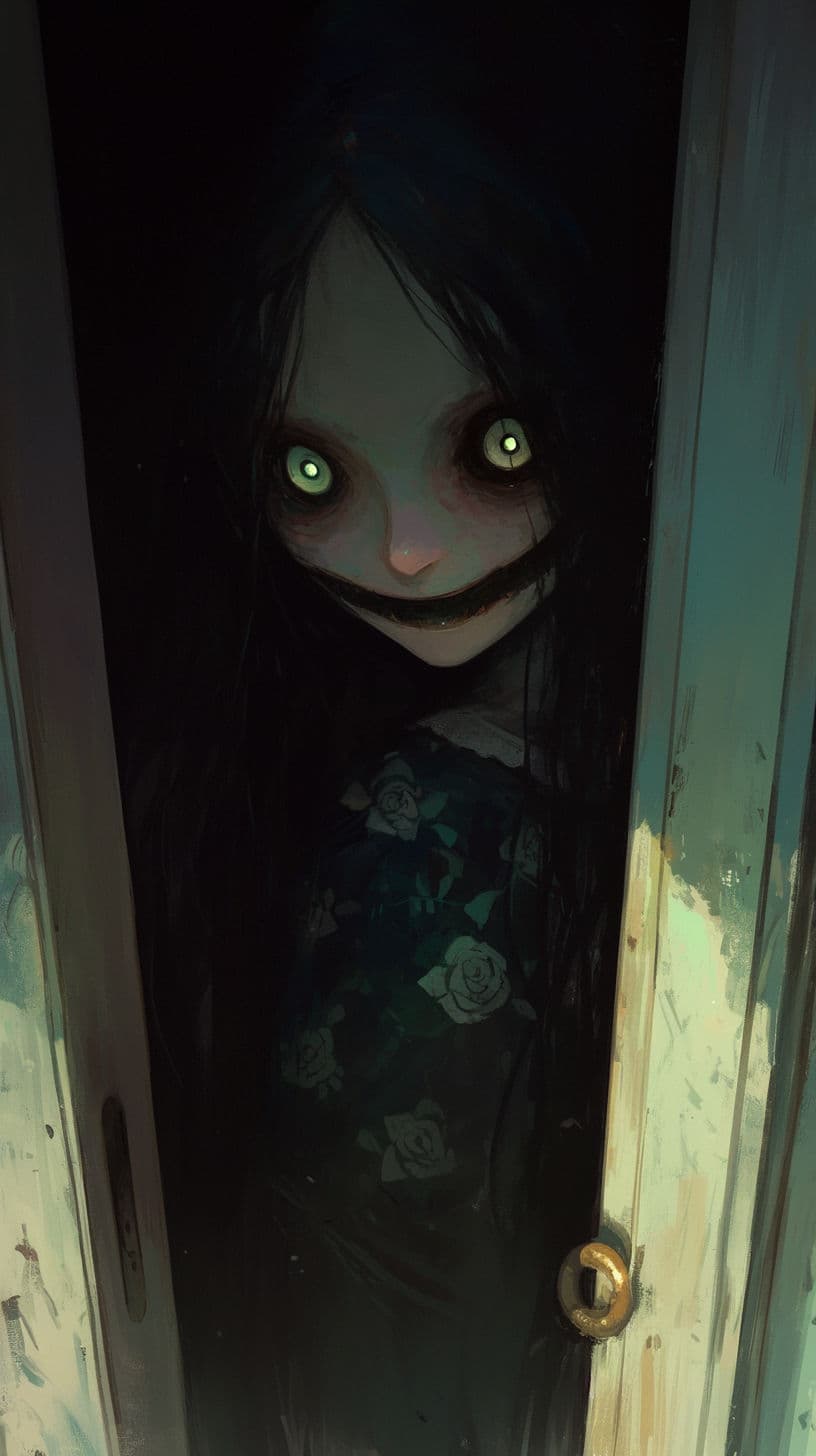 A pale, unsettling figure with long, dark, wet hair peeks from behind a partially open, weathered wooden door, her wide, glowing eyes and unnerving smile creating a chilling presence. She wears a dark, floral-patterned garment that fully covers her body, with no visible skin exposure. The scene is dimly lit by a soft, ambient glow from the right, casting deep shadows and emphasizing the eerie, suspenseful atmosphere. The artwork employs painterly brushstrokes and a moody color palette, enhancing the psychological horror tone. The composition centers the figure in a narrow doorway, creating a sense of confinement and dread, while the background suggests an abandoned or neglected interior space.