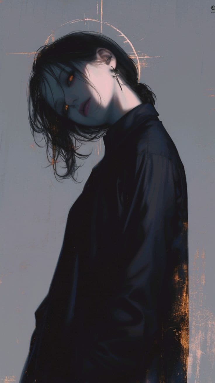 The image features a solitary, stylized anime character with long, dark hair and striking amber eyes, depicted in a three-quarter profile facing slightly away from the viewer. The character wears a high-collared, dark-colored garment that fully covers the torso and limbs, with no visible skin exposure. The lighting is dramatic, with a soft front-facing illumination casting gentle shadows across the face and shoulders, while warm, glowing streaks radiate from behind the head, suggesting a halo or aura. The background is a muted, textured gray, enhancing the character's silhouette and creating a moody, contemplative atmosphere. The art employs a painterly digital style with cel-shaded shading and soft gradients, emphasizing form and mood over hyper-realism.