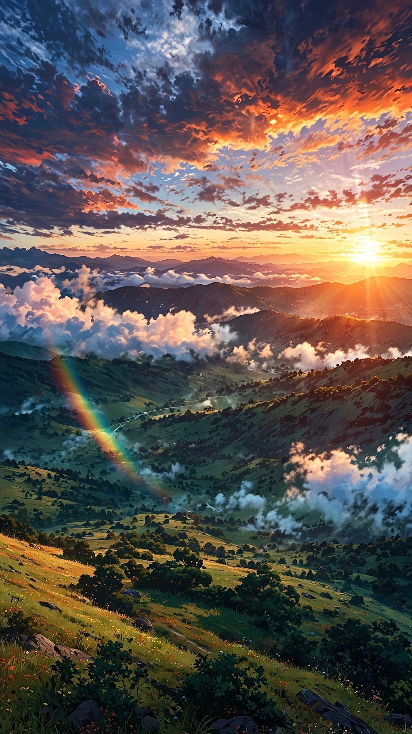 This image captures a breathtaking panoramic vista of a mountainous valley at sunrise, with the sun casting radiant golden light across layered peaks and rolling green hills. A vivid rainbow arcs gracefully through the misty air, adding a magical touch to the serene landscape. The sky is a dramatic canvas of deep blues, fiery oranges, and soft purples, with voluminous clouds catching the morning glow. The foreground features lush grassy slopes dotted with wildflowers and scattered rocks, leading the eye into the depth of the scene. The overall composition evokes a sense of tranquility, awe, and natural beauty, enhanced by the soft, diffused lighting and rich, analogous color palette.